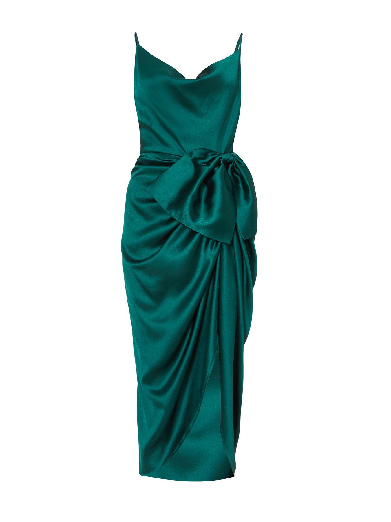 Image 5 of 6 of Quiz Green Satin Bow Front Midi Dress