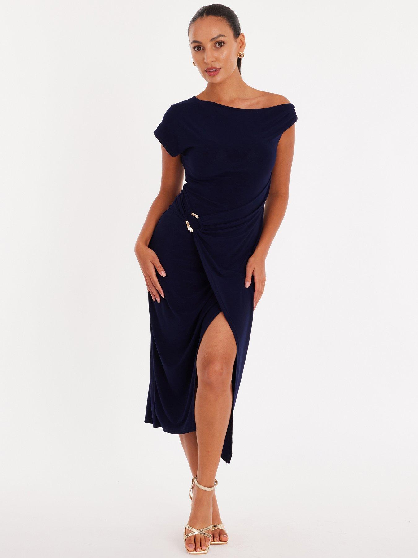  image of quiz-petite-navy-asymmetric-wrap-midaxi-dress