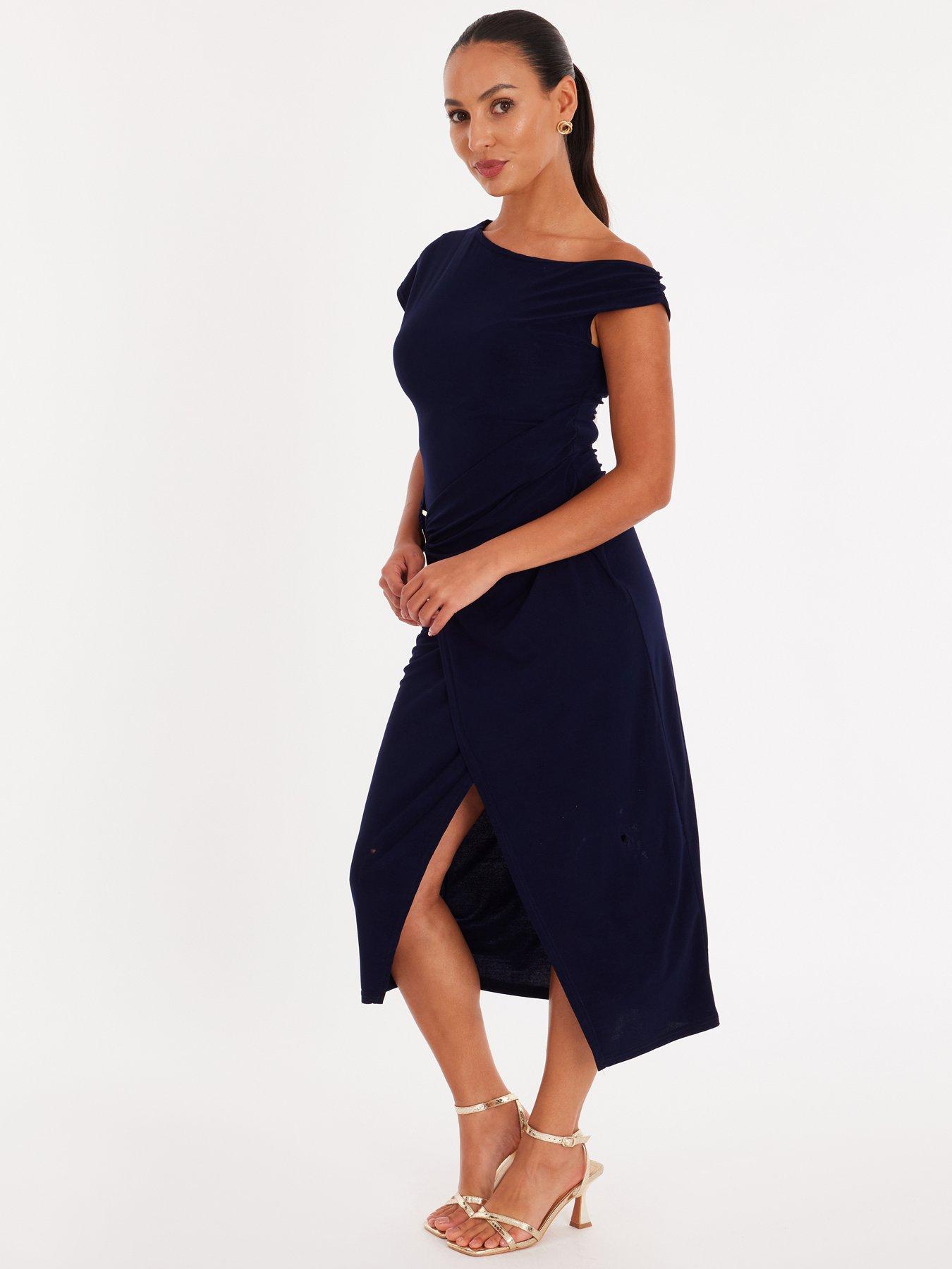  image of quiz-petite-navy-asymmetric-wrap-midaxi-dress