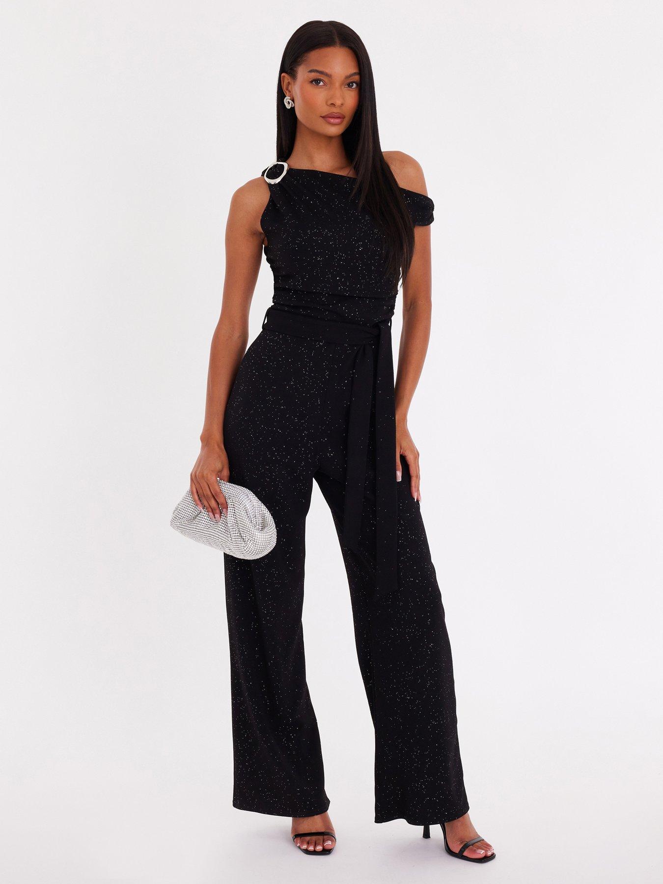 Quiz Glitter Drop Sleeve Jumpsuit - Black