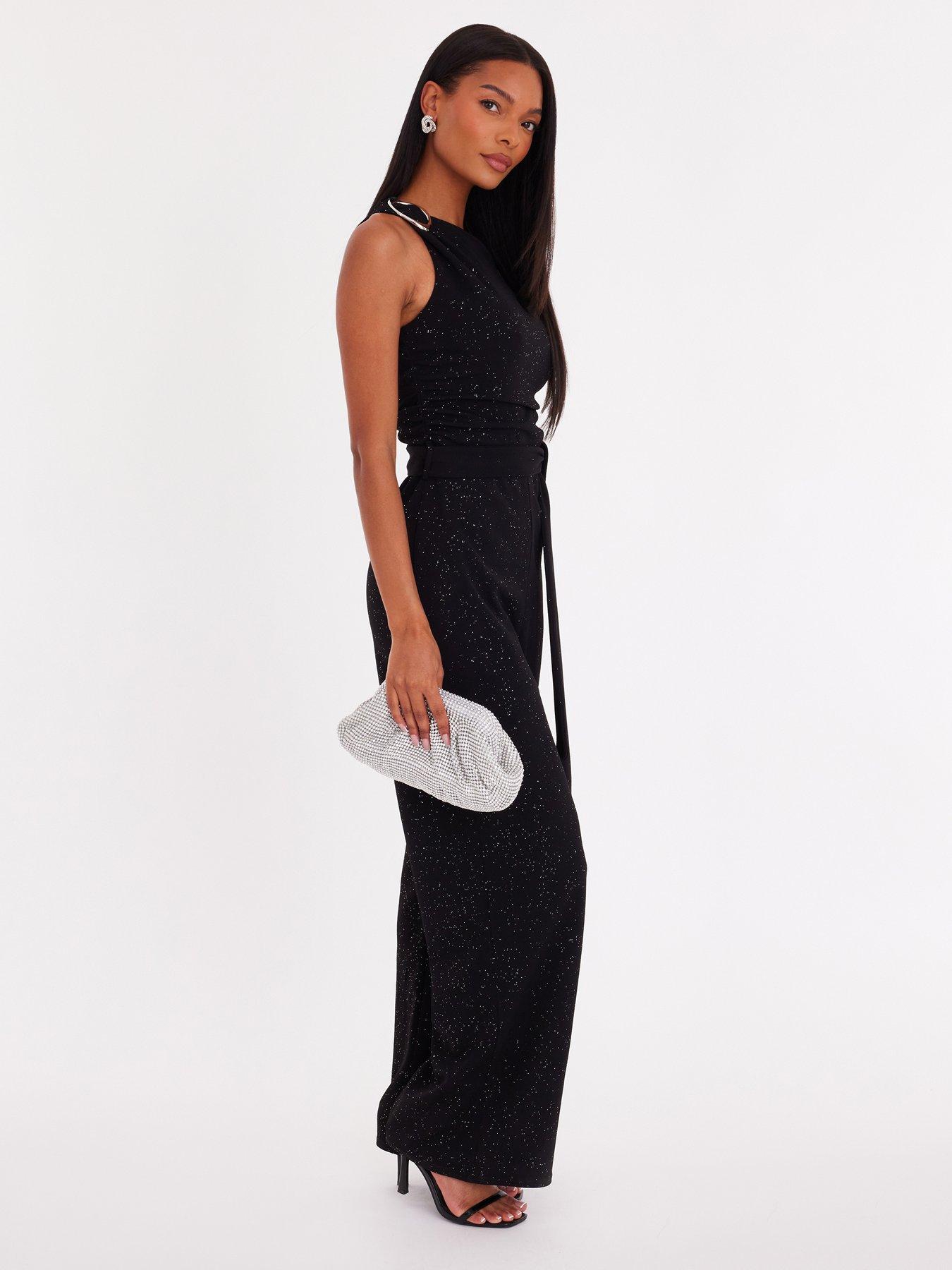  image of quiz-glitter-drop-sleeve-jumpsuit-black