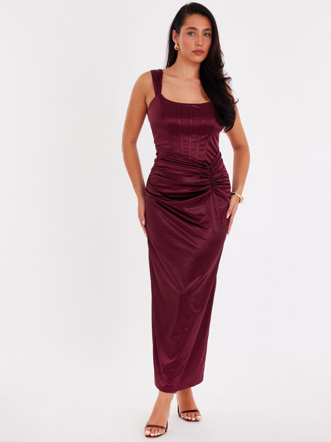  image of quiz-burgundy-square-neck-satin-midaxi-dress