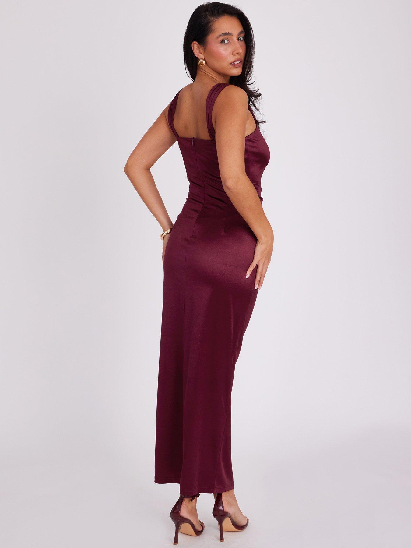  image of quiz-burgundy-square-neck-satin-midaxi-dress