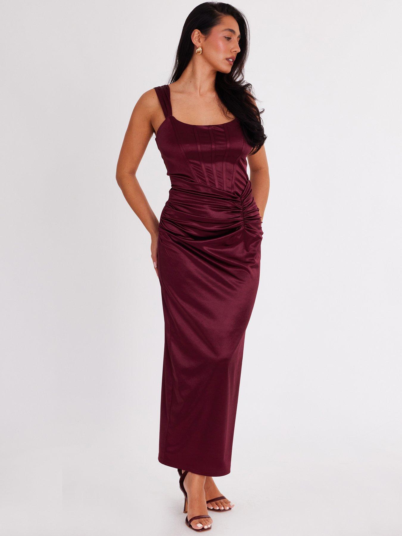  image of quiz-burgundy-square-neck-satin-midaxi-dress