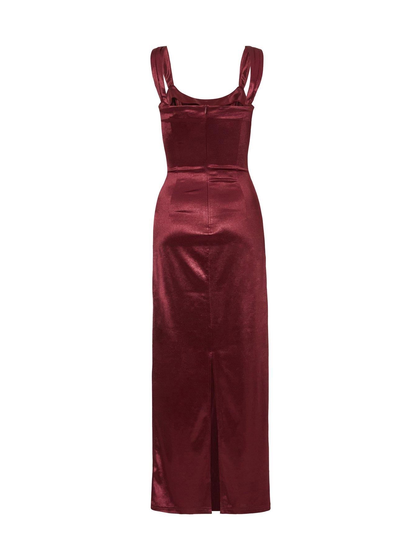  image of quiz-burgundy-square-neck-satin-midaxi-dress