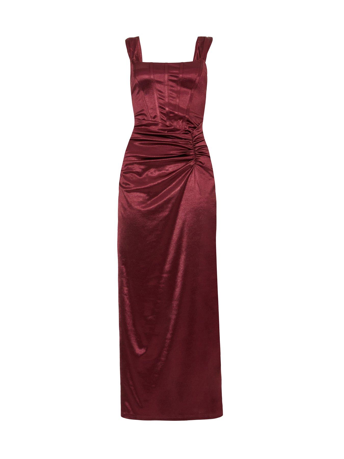  image of quiz-burgundy-square-neck-satin-midaxi-dress