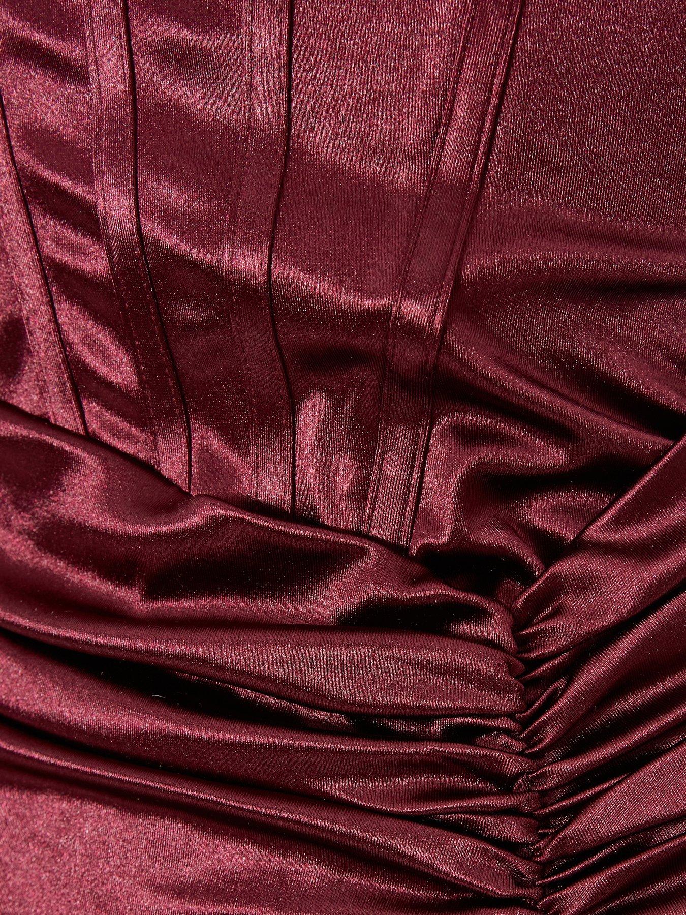  image of quiz-burgundy-square-neck-satin-midaxi-dress