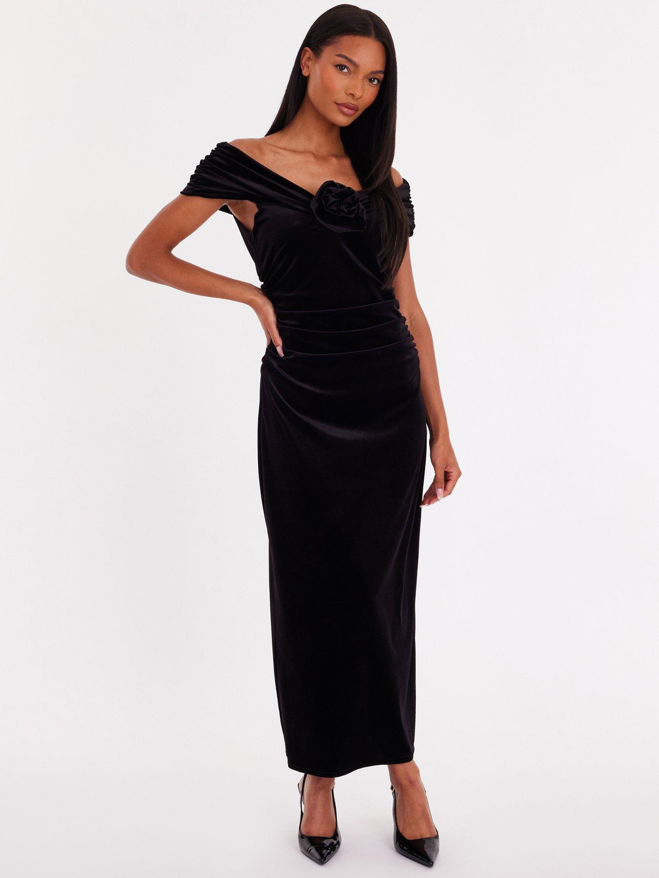 Quiz Black Velvet Corsage Midi Dress
