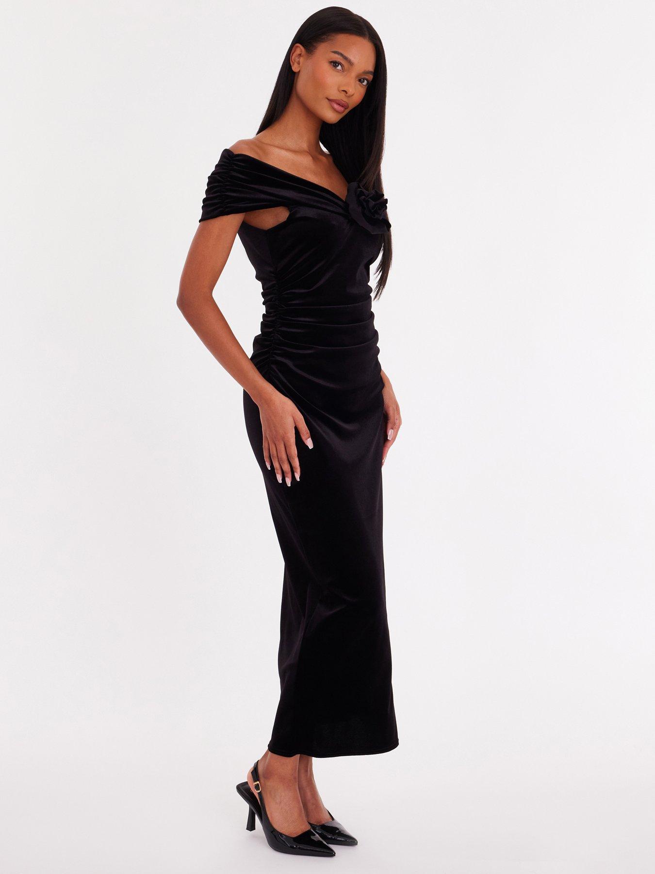 Image 3 of 6 of Quiz Black Velvet Corsage Midi Dress