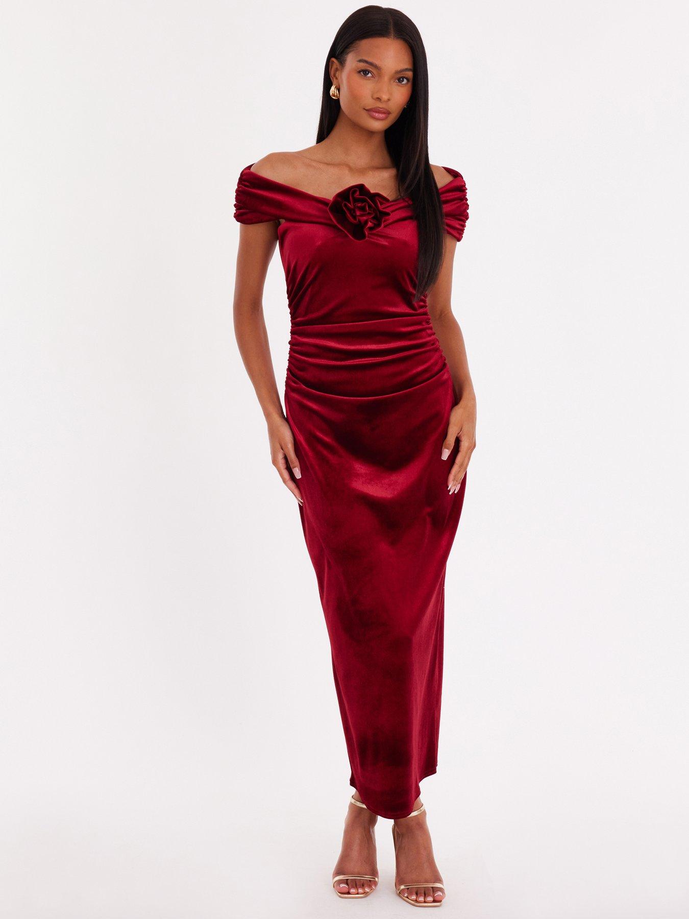 Quiz Burgundy Velvet Corsage Midi Dress