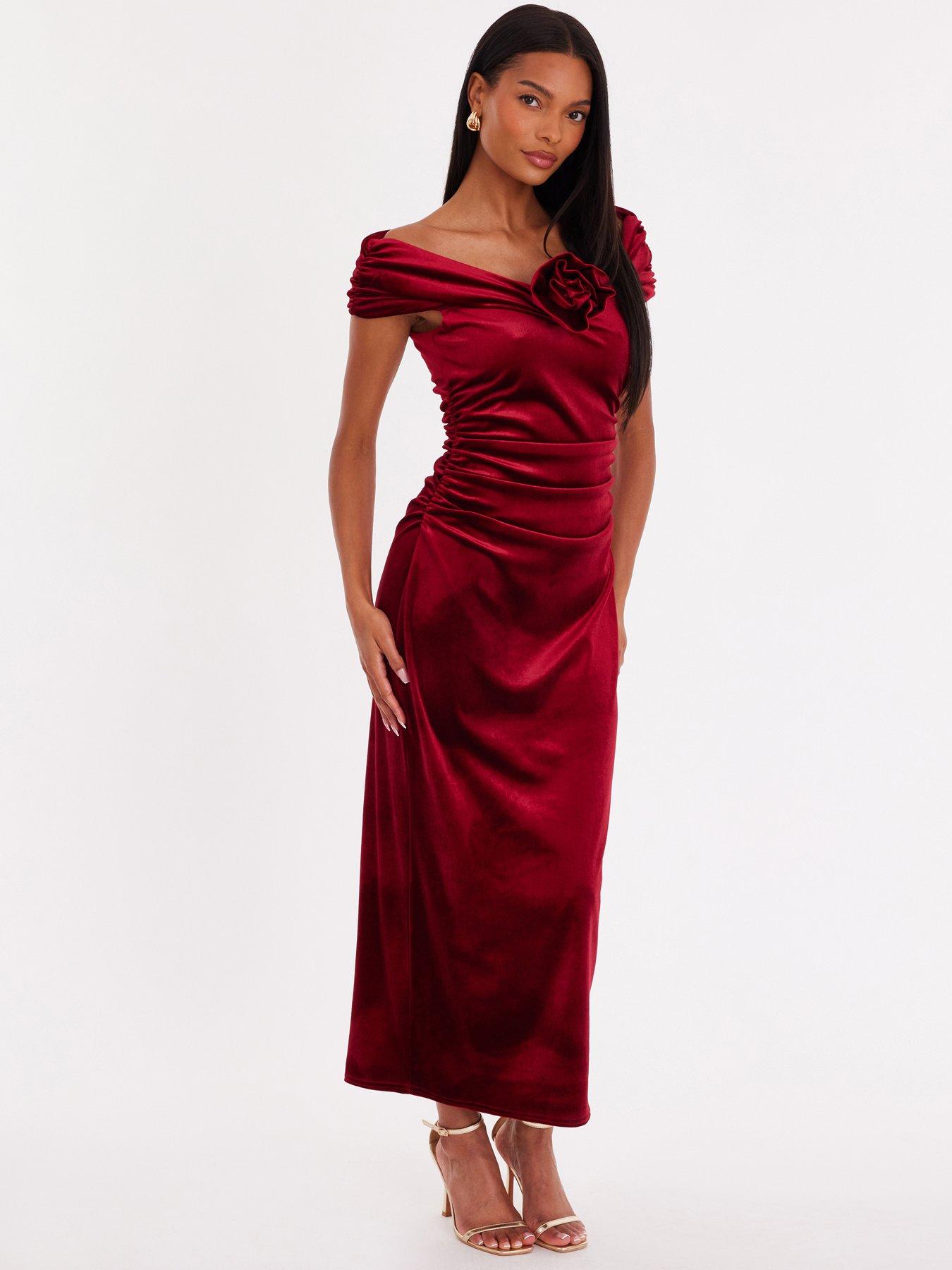  image of quiz-burgundy-velvet-corsage-midi-dress