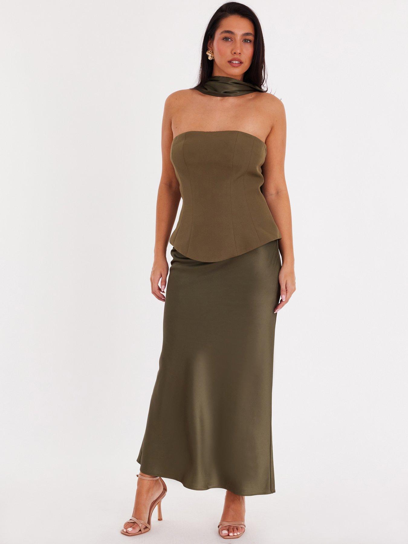 Quiz Olive Strapless Satin Skirt Midaxi Dress