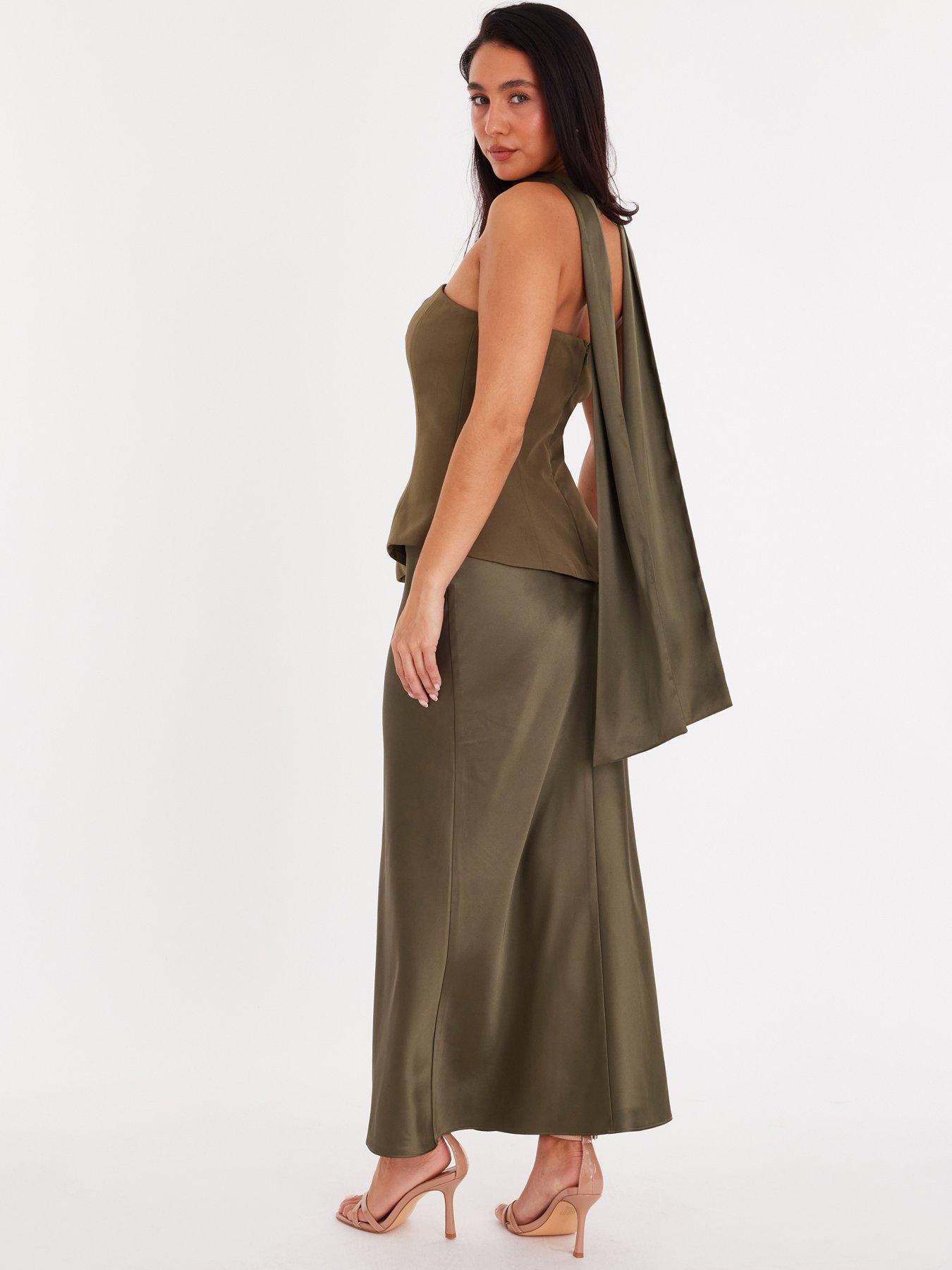  image of quiz-olive-strapless-satin-skirt-midaxi-dress