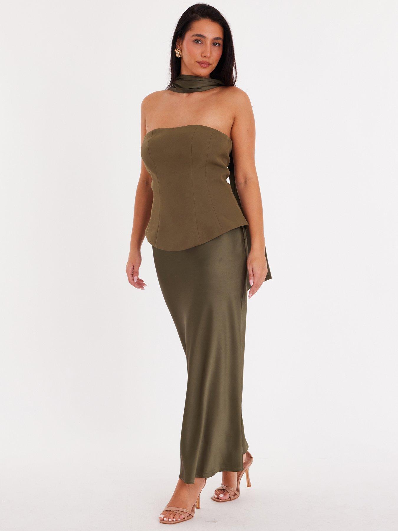 image of quiz-olive-strapless-satin-skirt-midaxi-dress