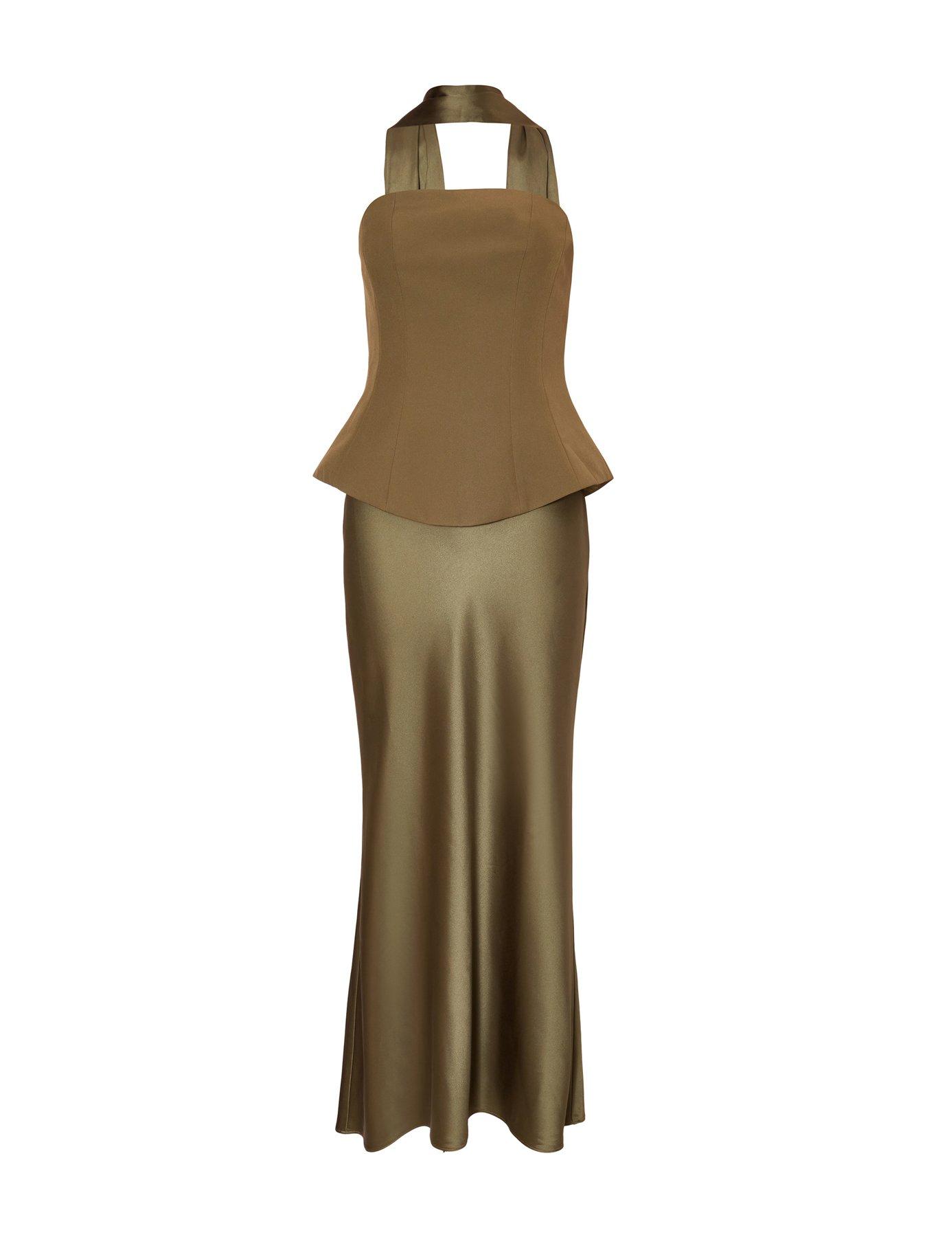  image of quiz-olive-strapless-satin-skirt-midaxi-dress