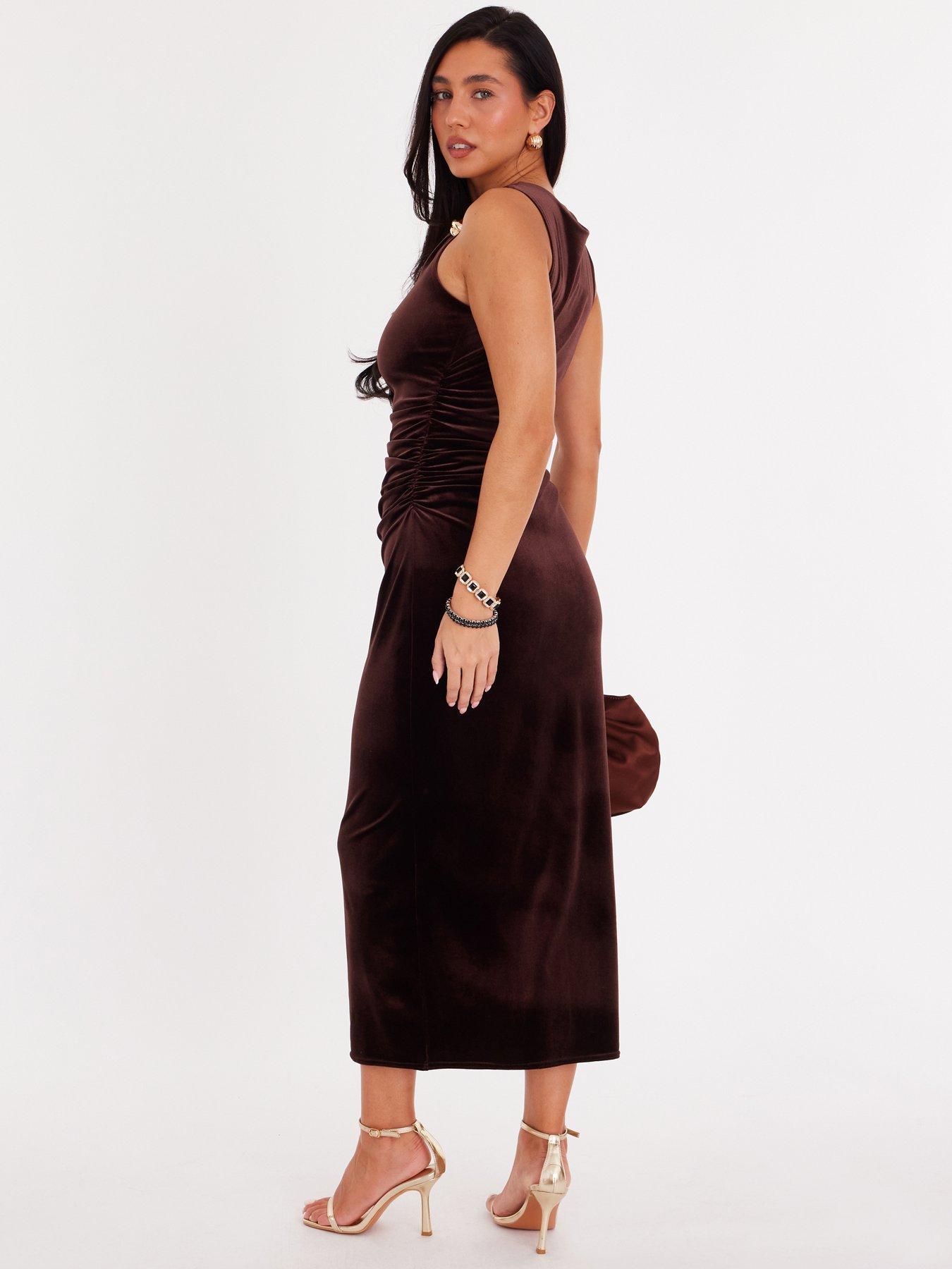 stillFront image of quiz-brown-velvet-buckle-midaxi-dress