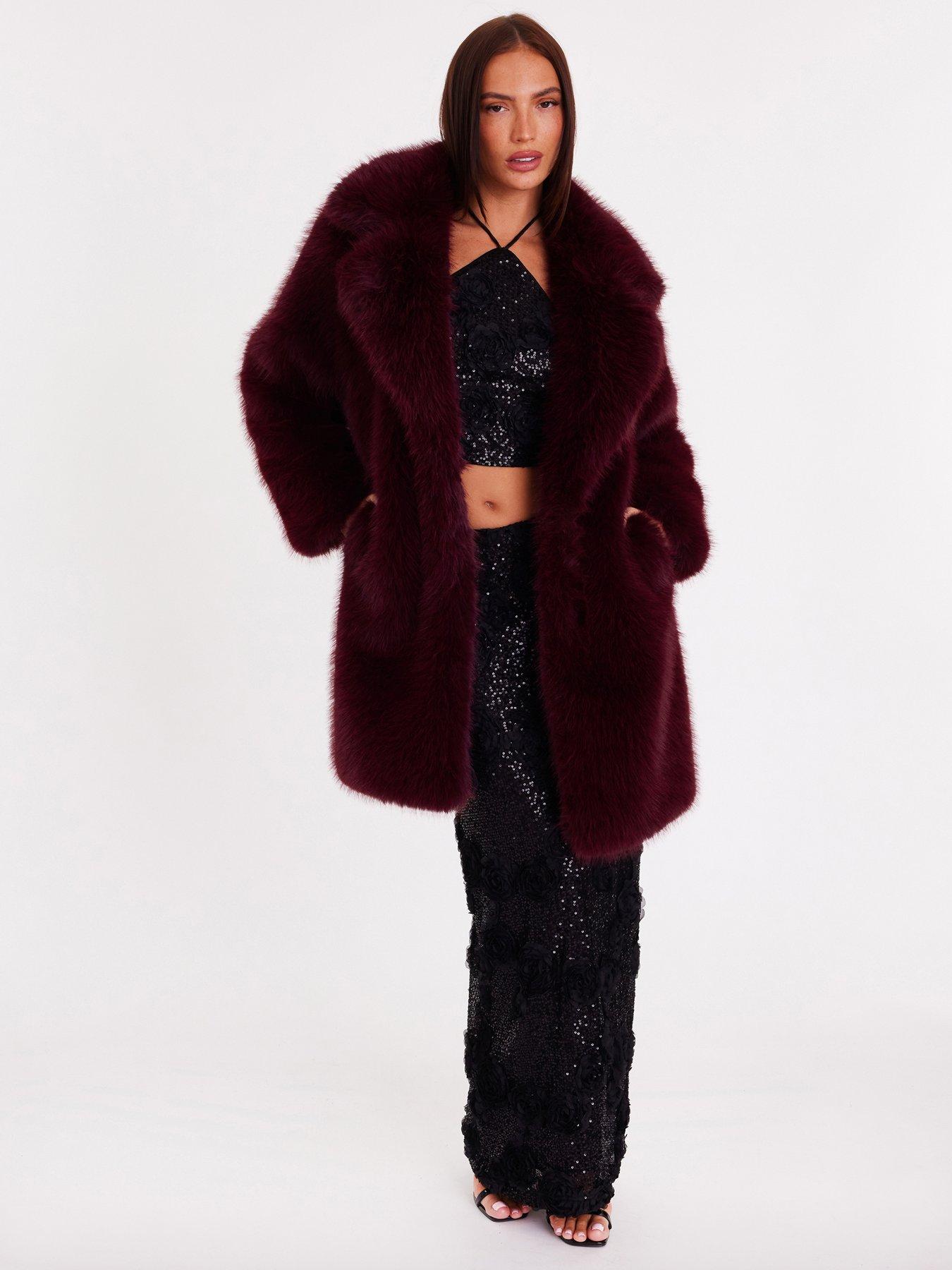 Image 1 of 6 of Quiz Burgundy Faux Fur Longline Coat