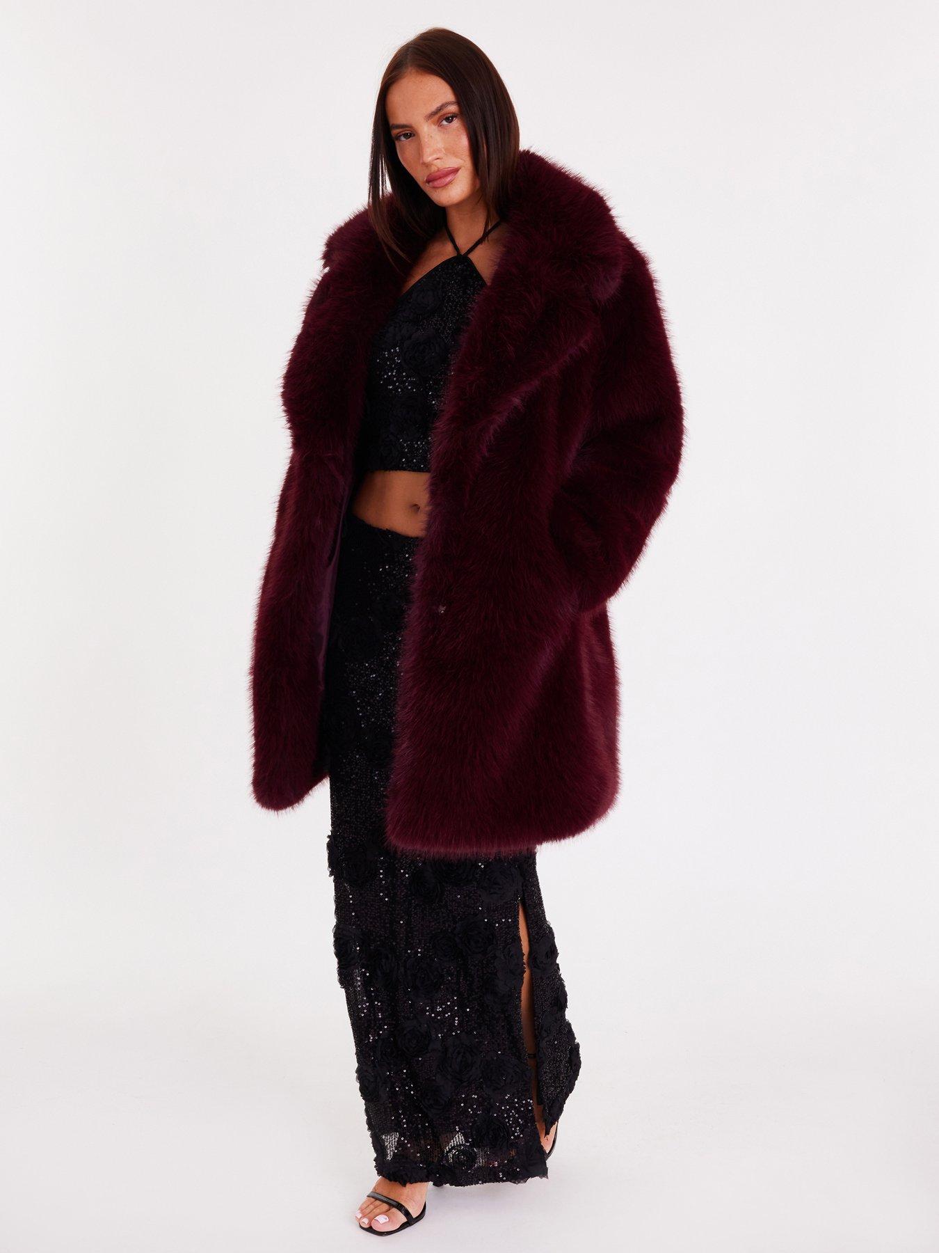 Image 3 of 6 of Quiz Burgundy Faux Fur Longline Coat
