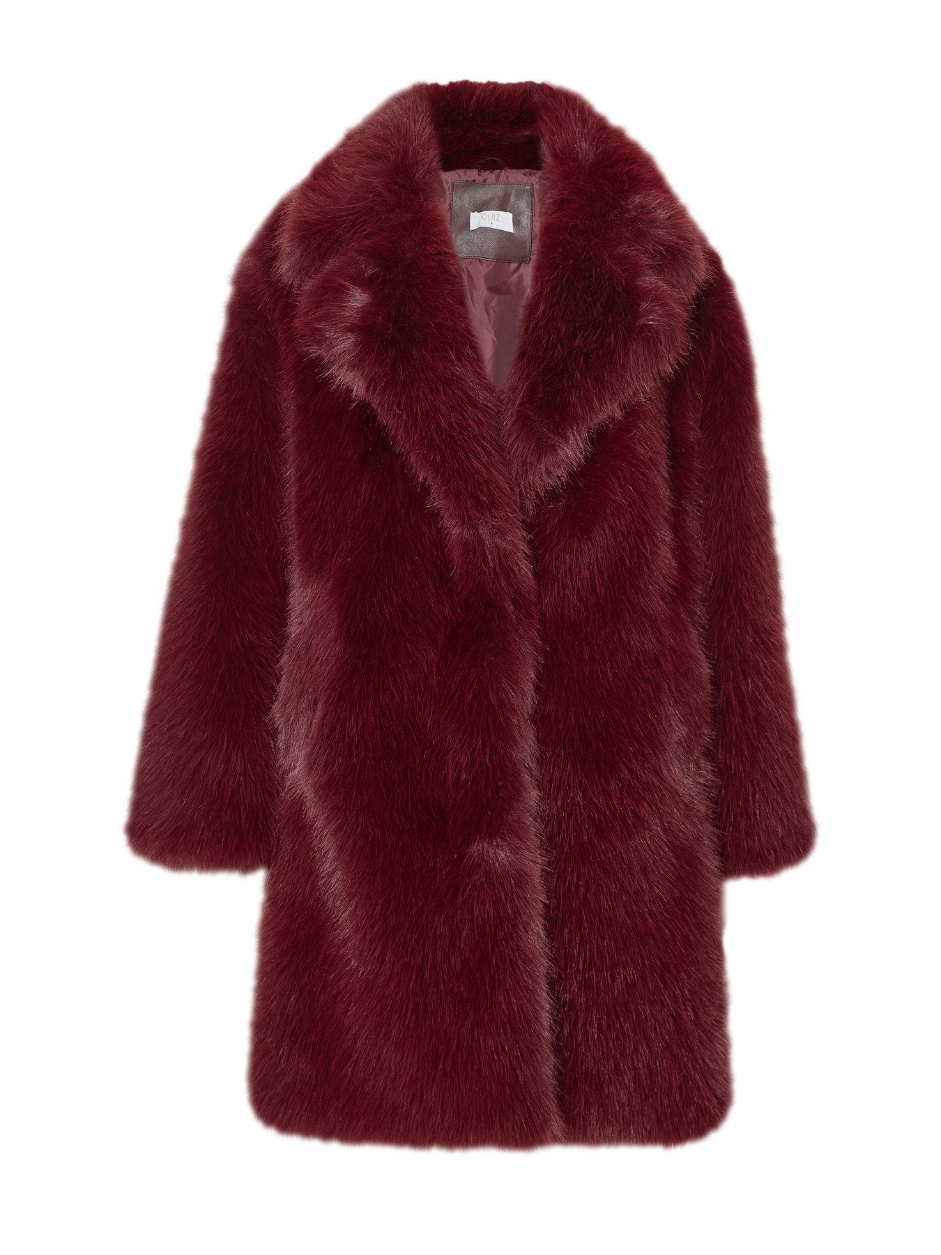 Image 4 of 6 of Quiz Burgundy Faux Fur Longline Coat