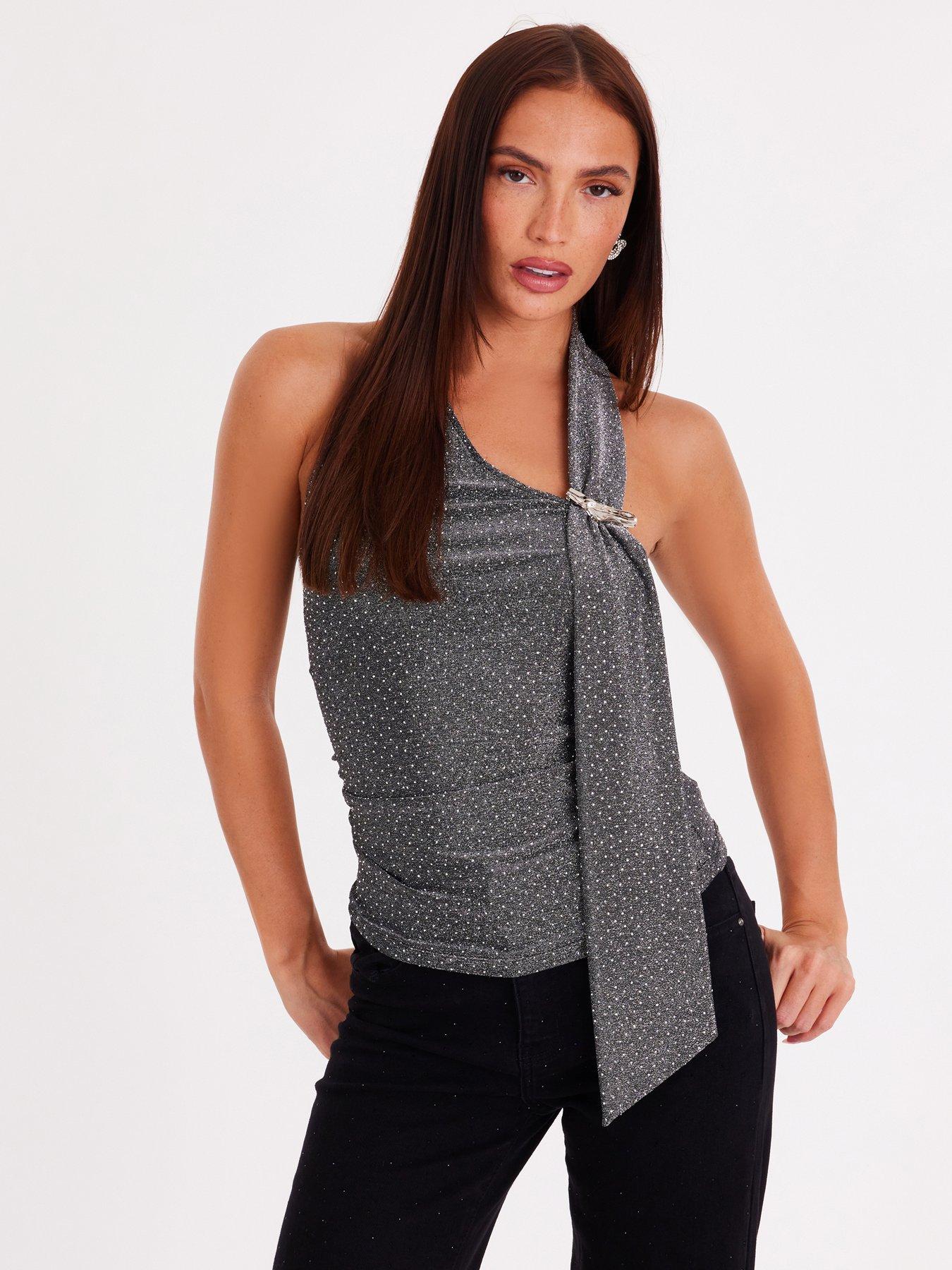 Quiz Dark Silver Wrap Neck Top