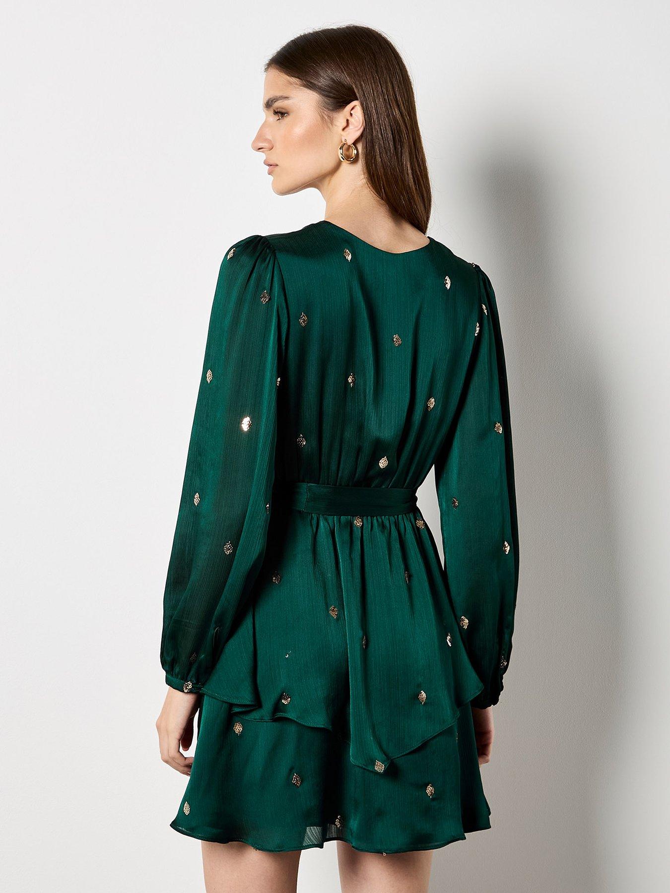 Image 2 of 4 of Apricot Sequin Spot Hammered Satin Wrap Dress