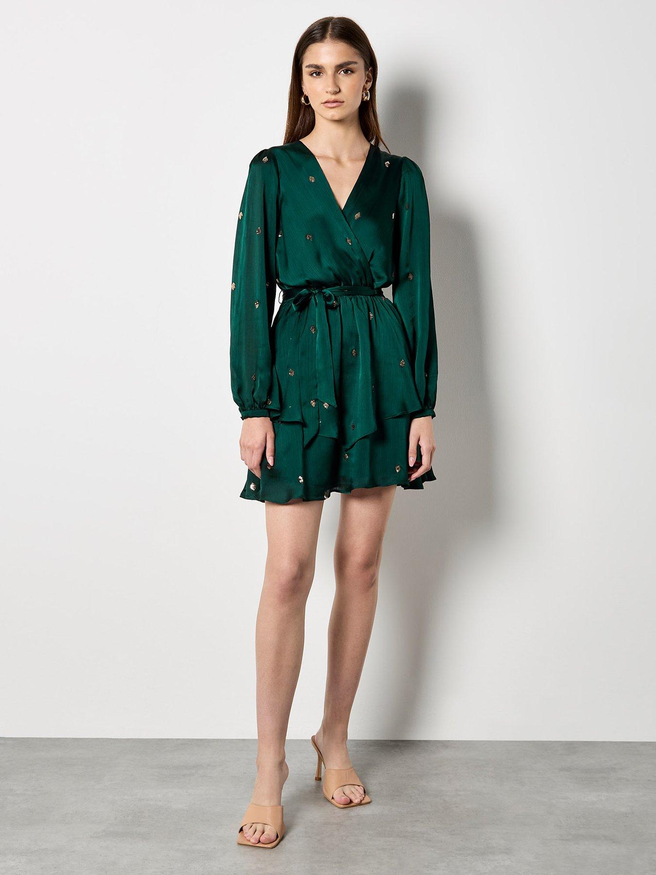 Image 3 of 4 of Apricot Sequin Spot Hammered Satin Wrap Dress