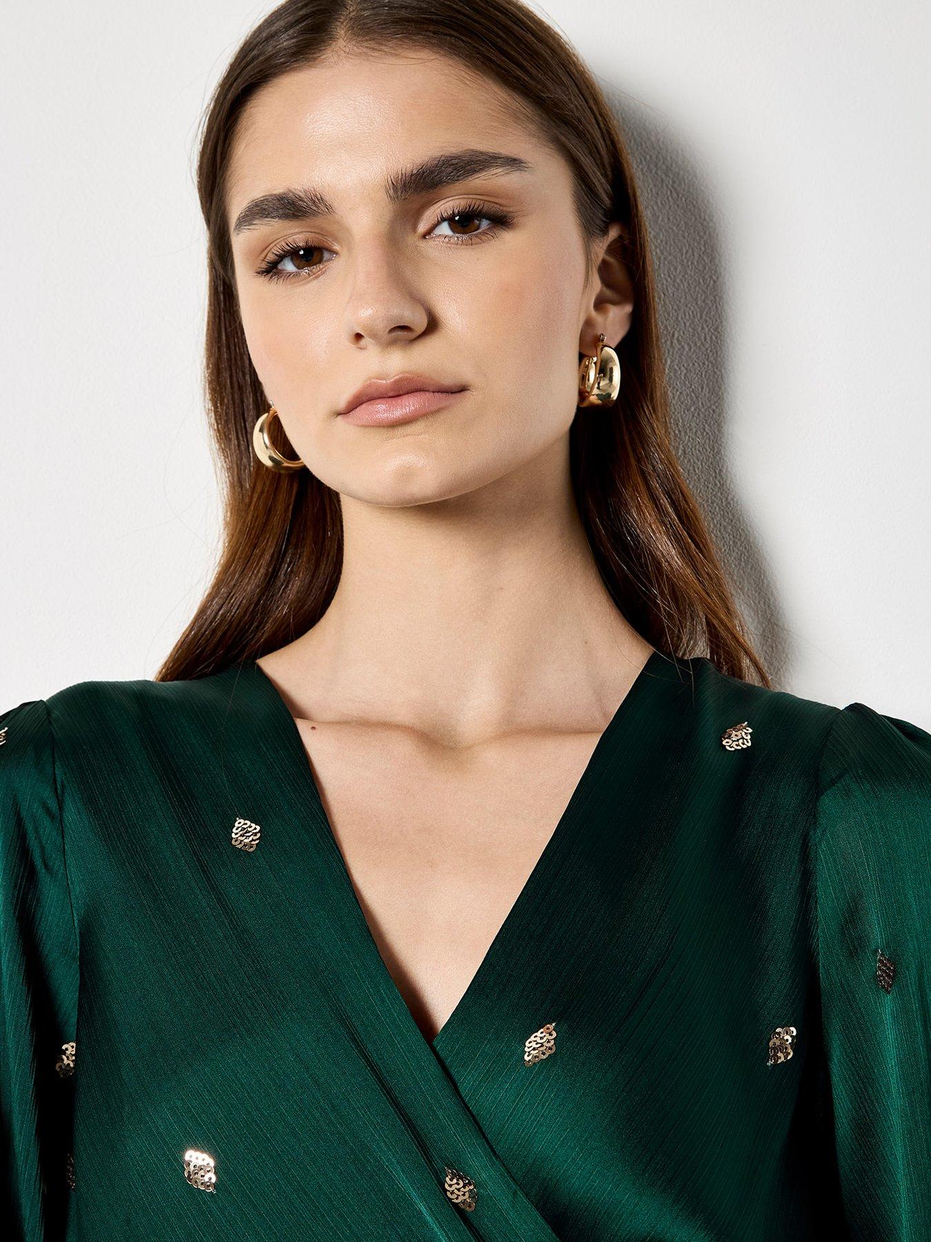 Image 4 of 4 of Apricot Sequin Spot Hammered Satin Wrap Dress