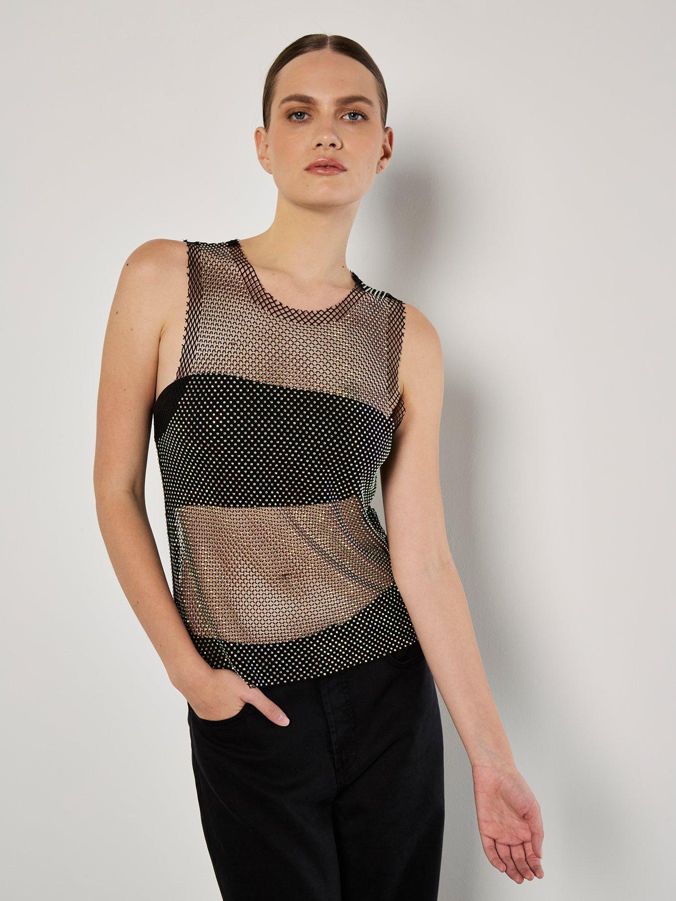 Apricot Apricot Irridescent Diamante Mesh Top