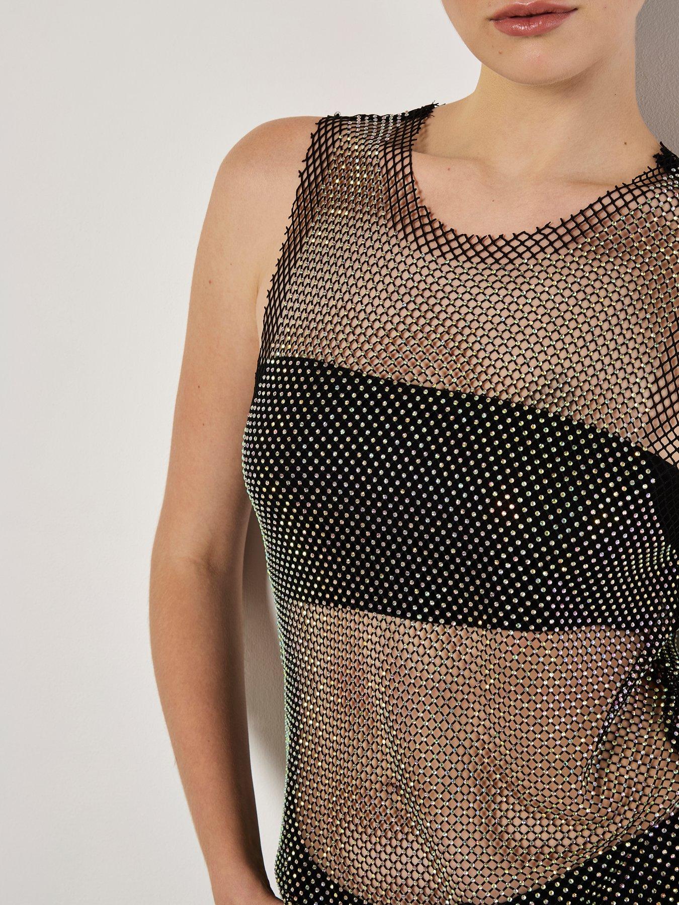  image of apricot-irridescent-diamante-mesh-top