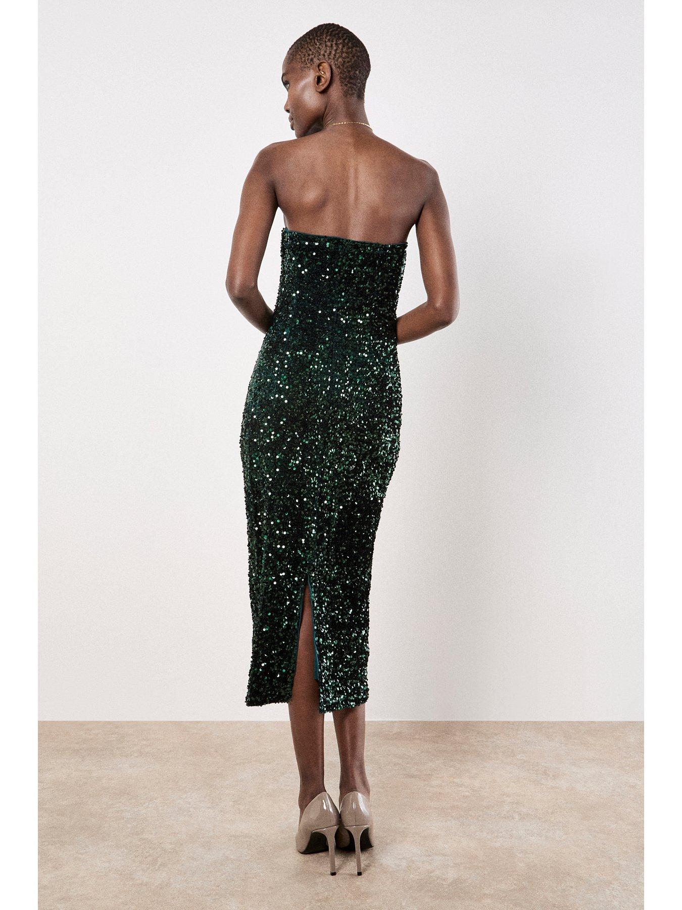  image of apricot-velvet-sequin-bandeau-bodycon-midi-dress