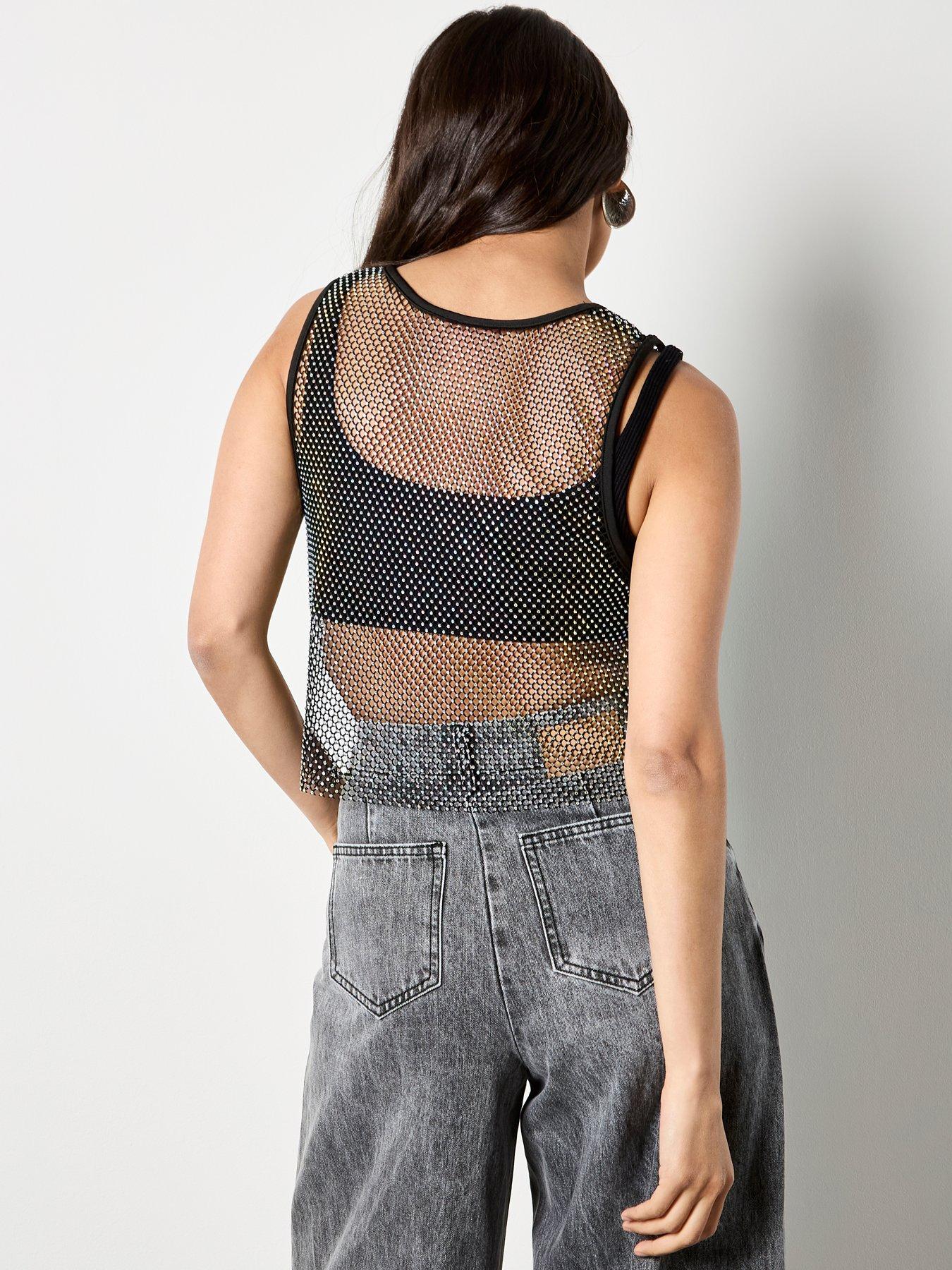  image of apricot-rhinestone-mesh-cropped-vest