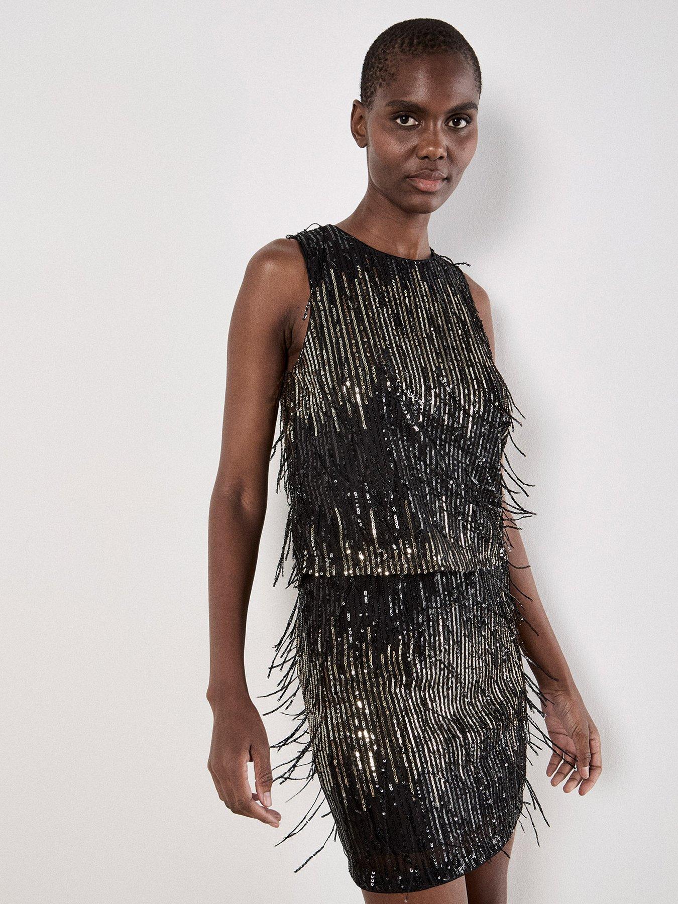 Image 1 of 4 of Apricot Sequin Stripe Fringe Bodycon Skirt