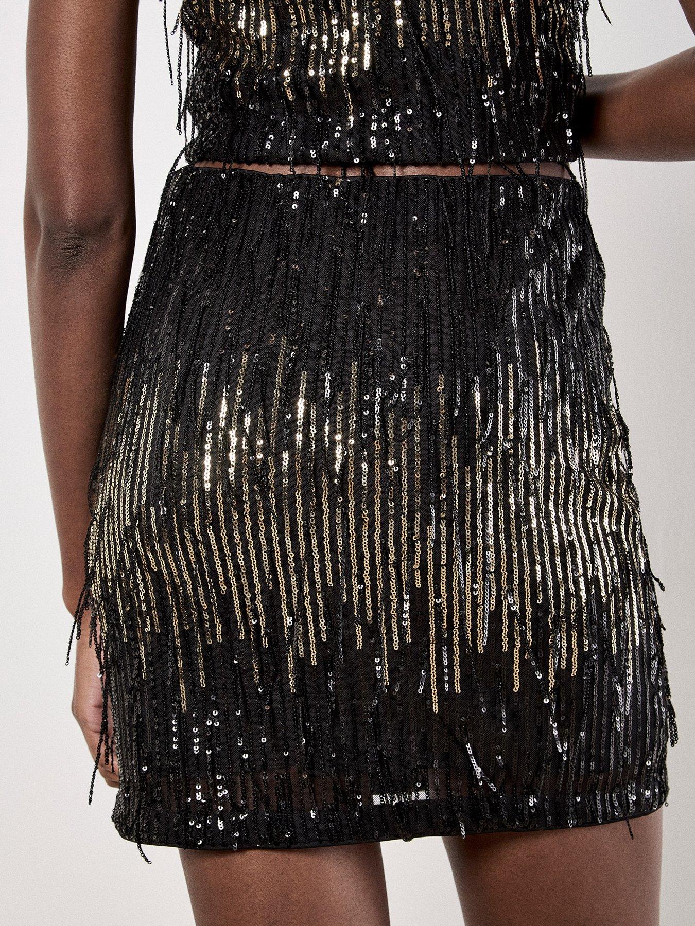 Image 2 of 4 of Apricot Sequin Stripe Fringe Bodycon Skirt