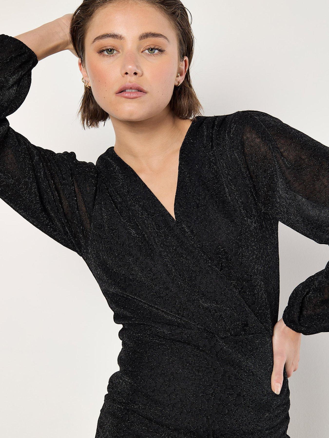  image of apricot-mottled-sparkle-long-sleeve-wrap-dress