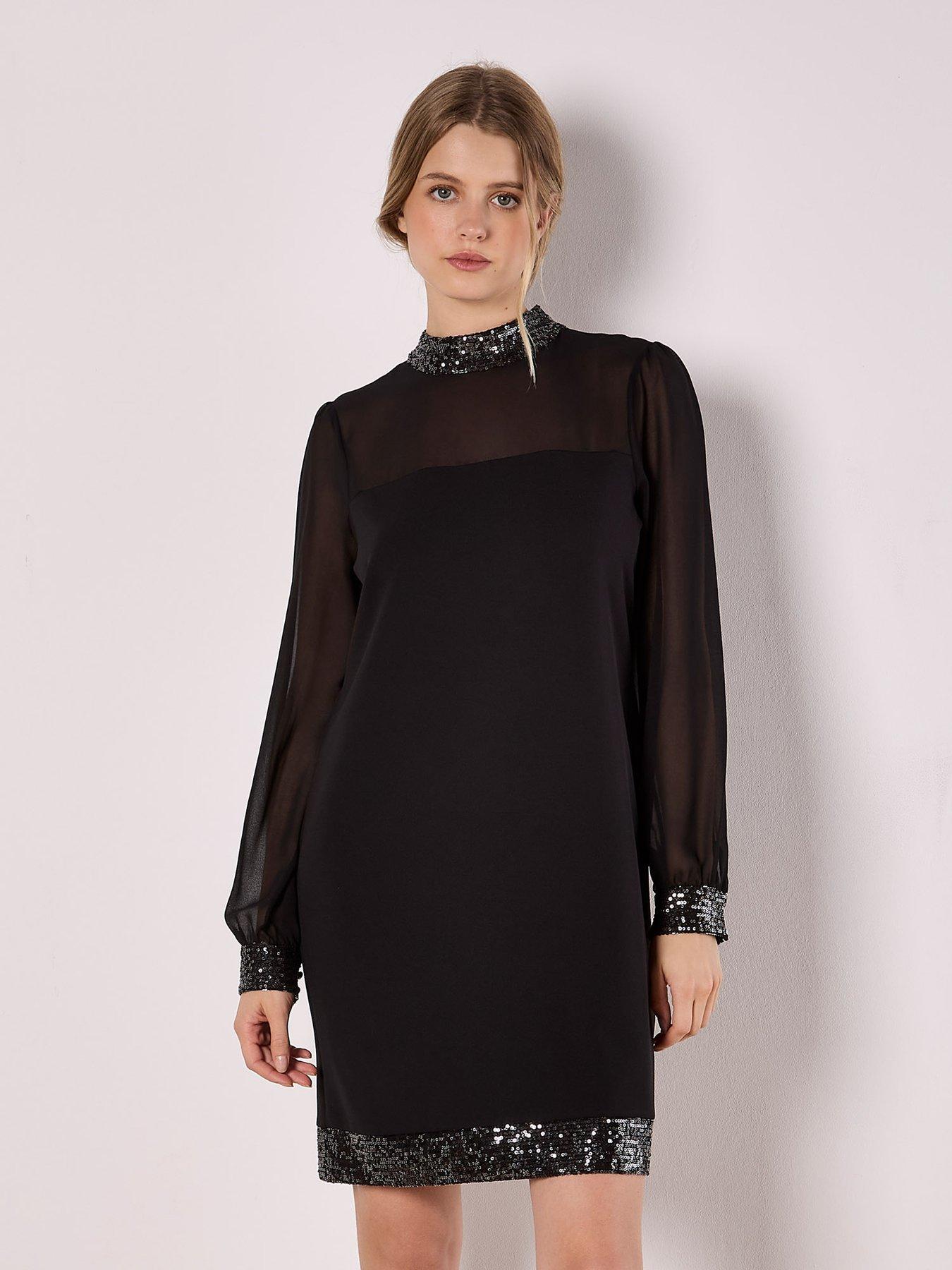 Apricot Sequin High Neck Trim L/slv Dres