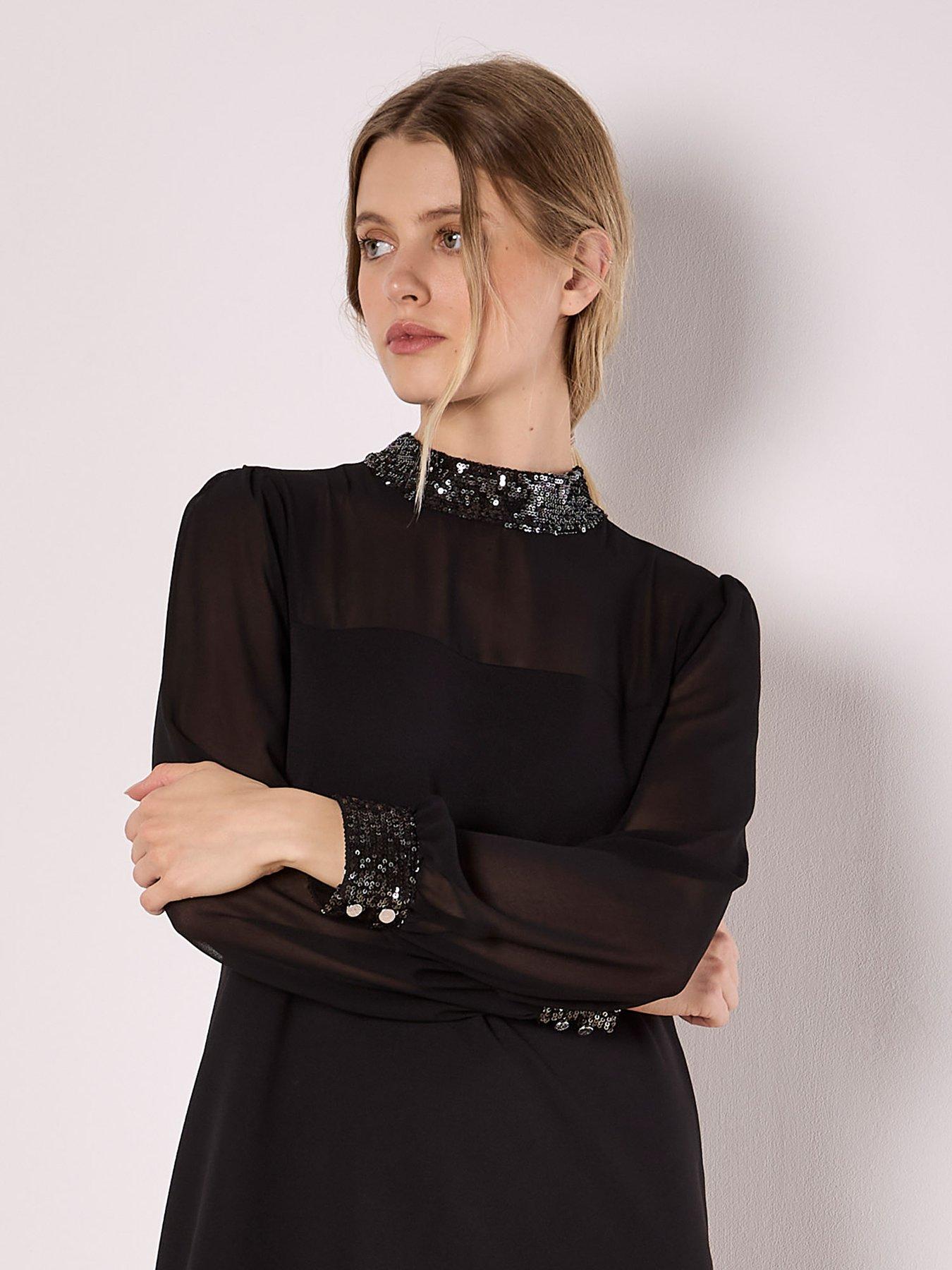Image 4 of 4 of Apricot Sequin High Neck Trim Long Sleeve&nbsp;Dress