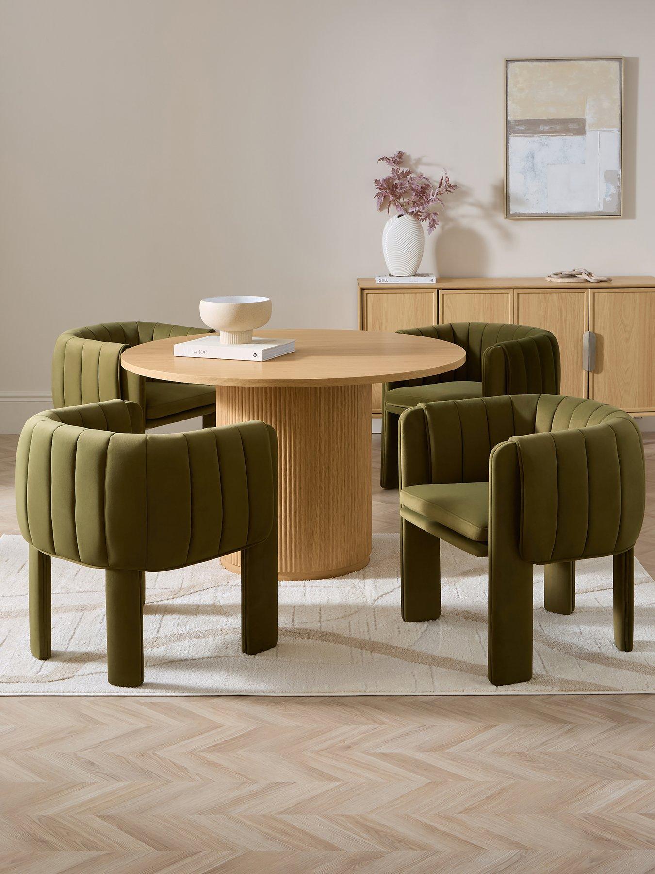 The Very Collection Carina Oak 120cm Round Dining Table & 4 Mila Moss Green Chairs