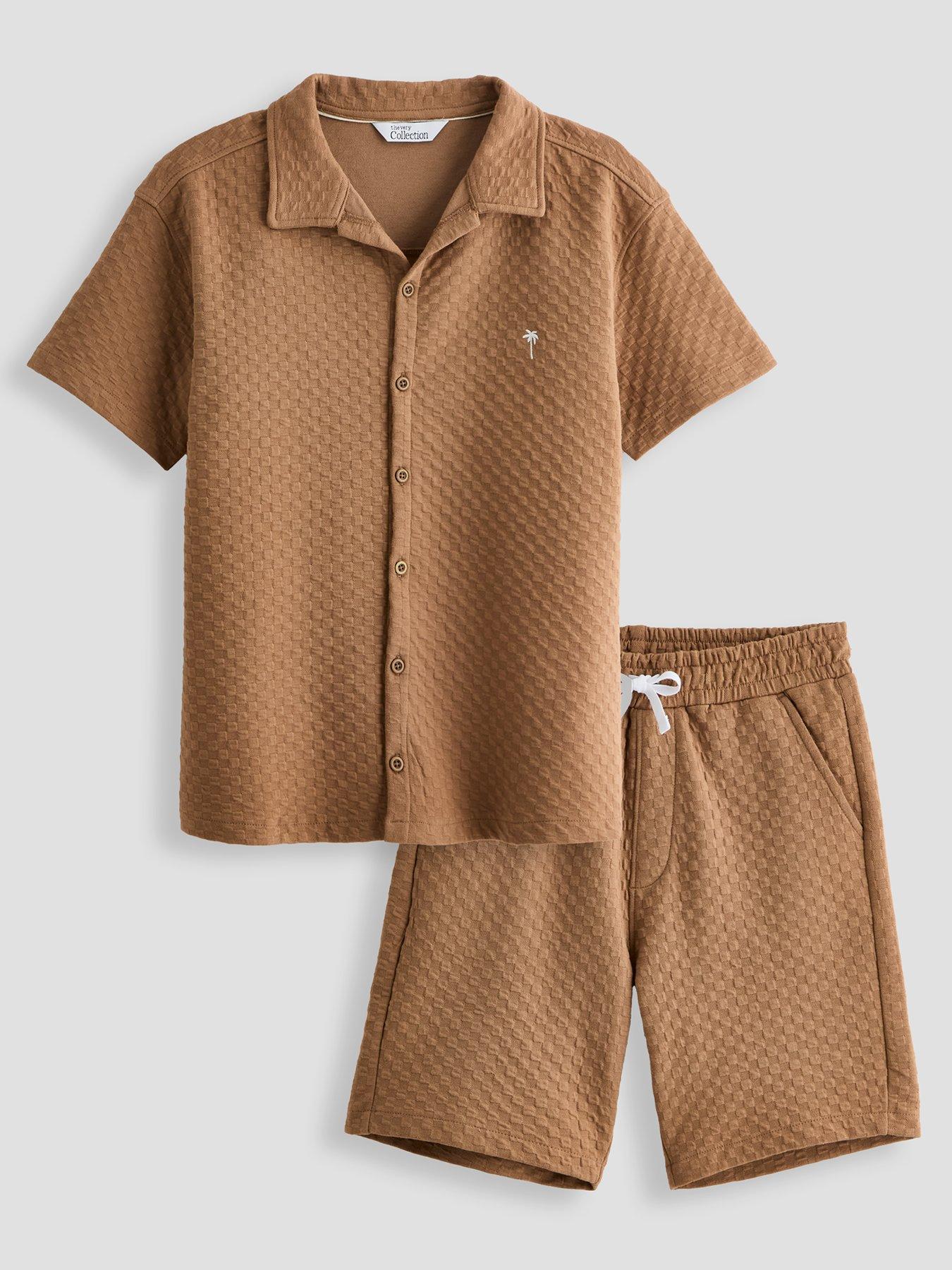 The Very Collection Boys Jacquard Collar Detail Top And Shorts Set - Brown