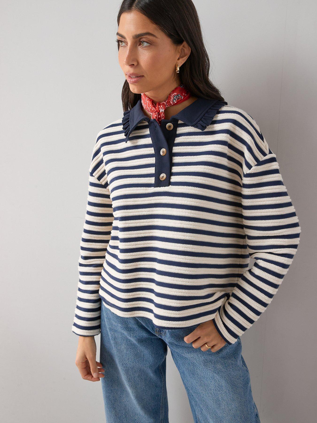 The Very Collection Frill Collar Textured Stripe Rugby Top - Navy