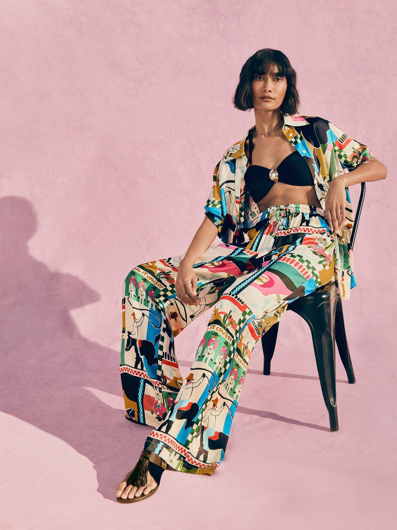 The Very Collection Western Print Elasticated Co-Ord Wide Leg Trousers - Blue