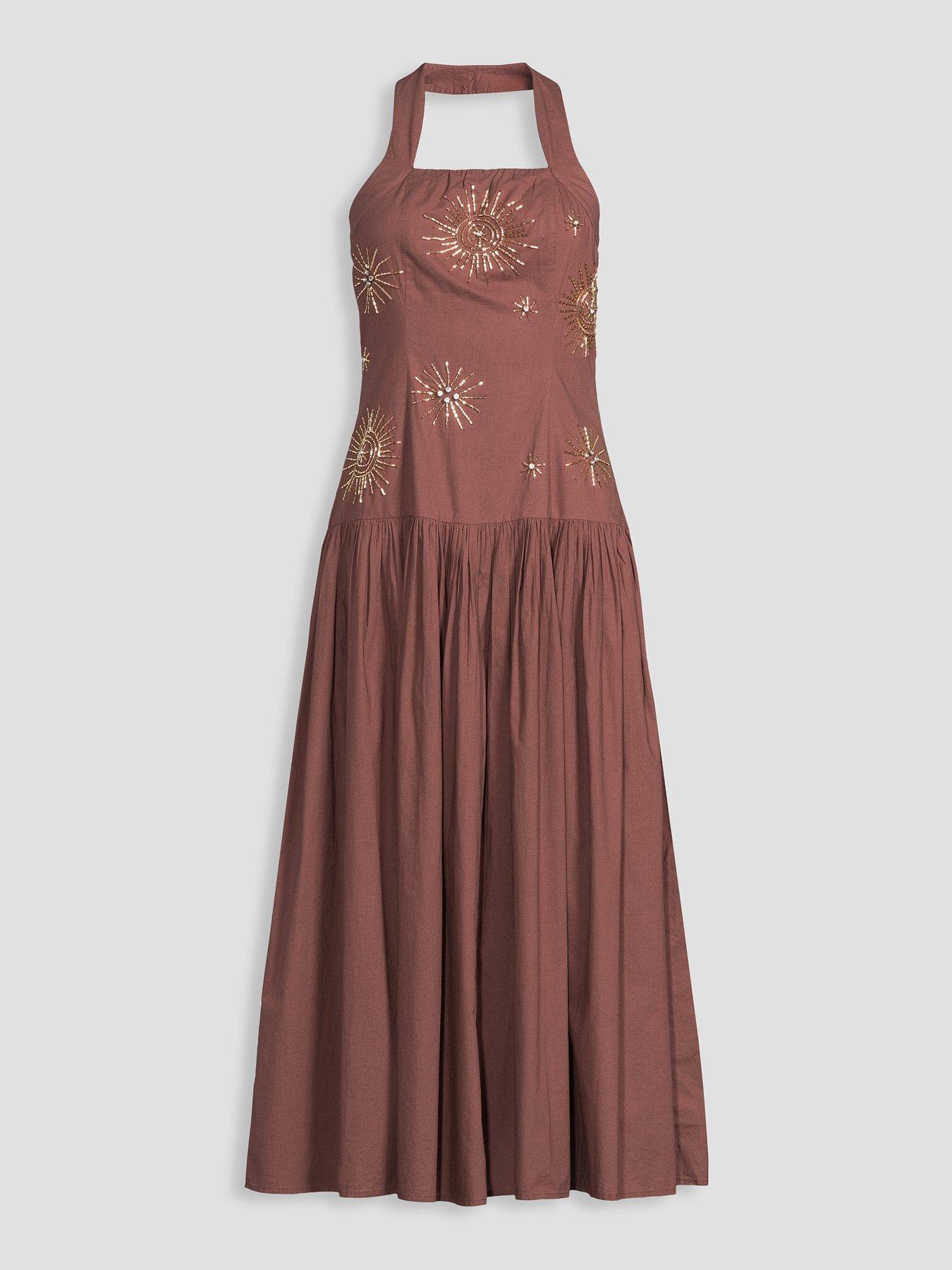 Michelle Keegan Embellished Halter Midaxi Dress - Brown | Littlewoods