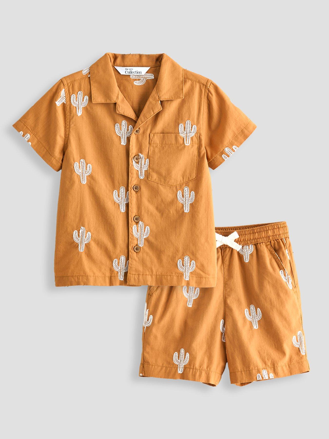 The Very Collection Boys Cactus Embroidered Double Cloth Shirt And Shorts Outfit Set