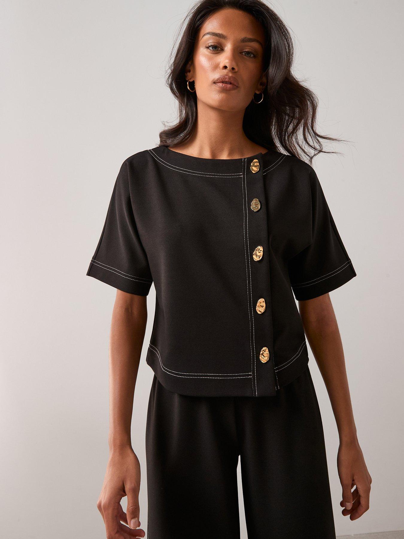  image of the-very-collection-contrast-stitch-button-up-top-black