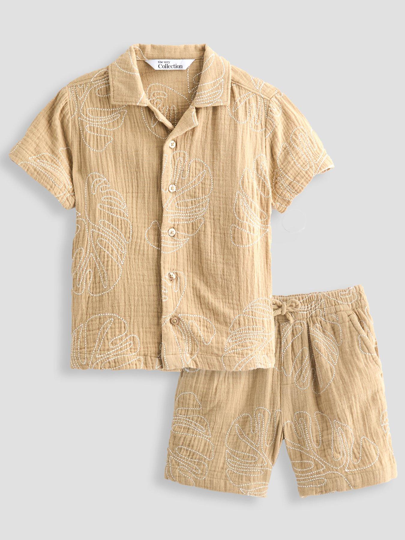 The Very Collection Boys Embroidered Double Cloth Shirt And Shorts Outfit Set - Beige