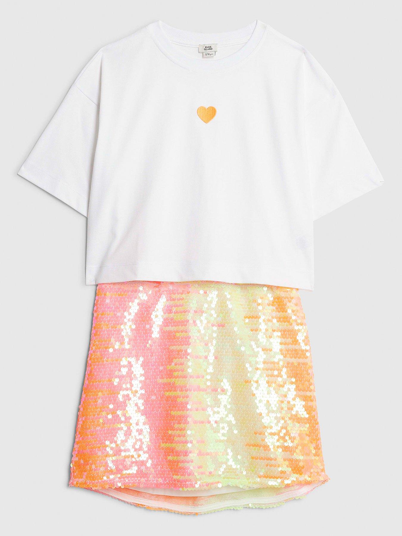 River Island Older Girls Sequin Skirt Set - White