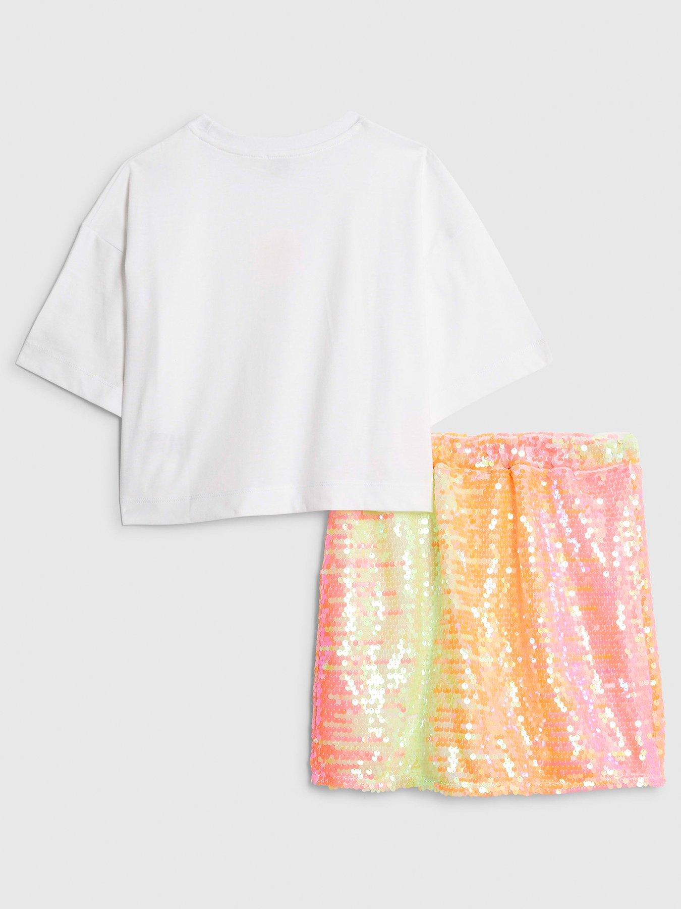 Image 2 of 4 of River Island Older Girls Sequin Skirt Set - White