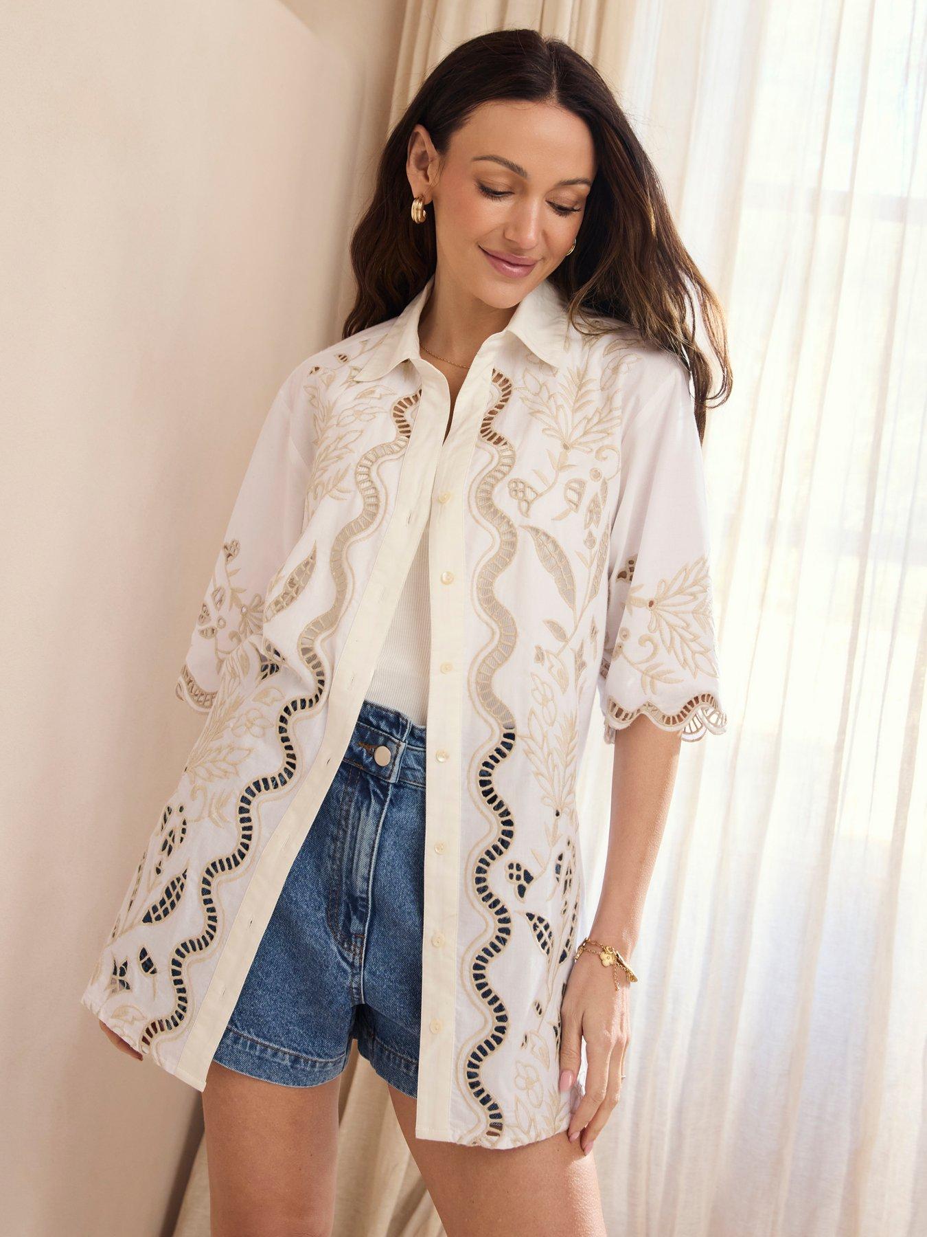 Image 3 of 5 of Michelle Keegan Embroidered Longline Co Ord&nbsp;Shirt - Ivory