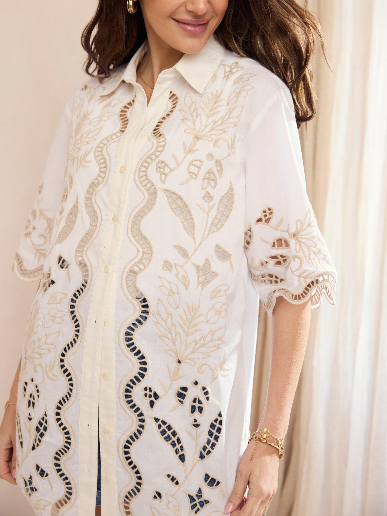Image 4 of 5 of Michelle Keegan Embroidered Longline Co Ord&nbsp;Shirt - Ivory