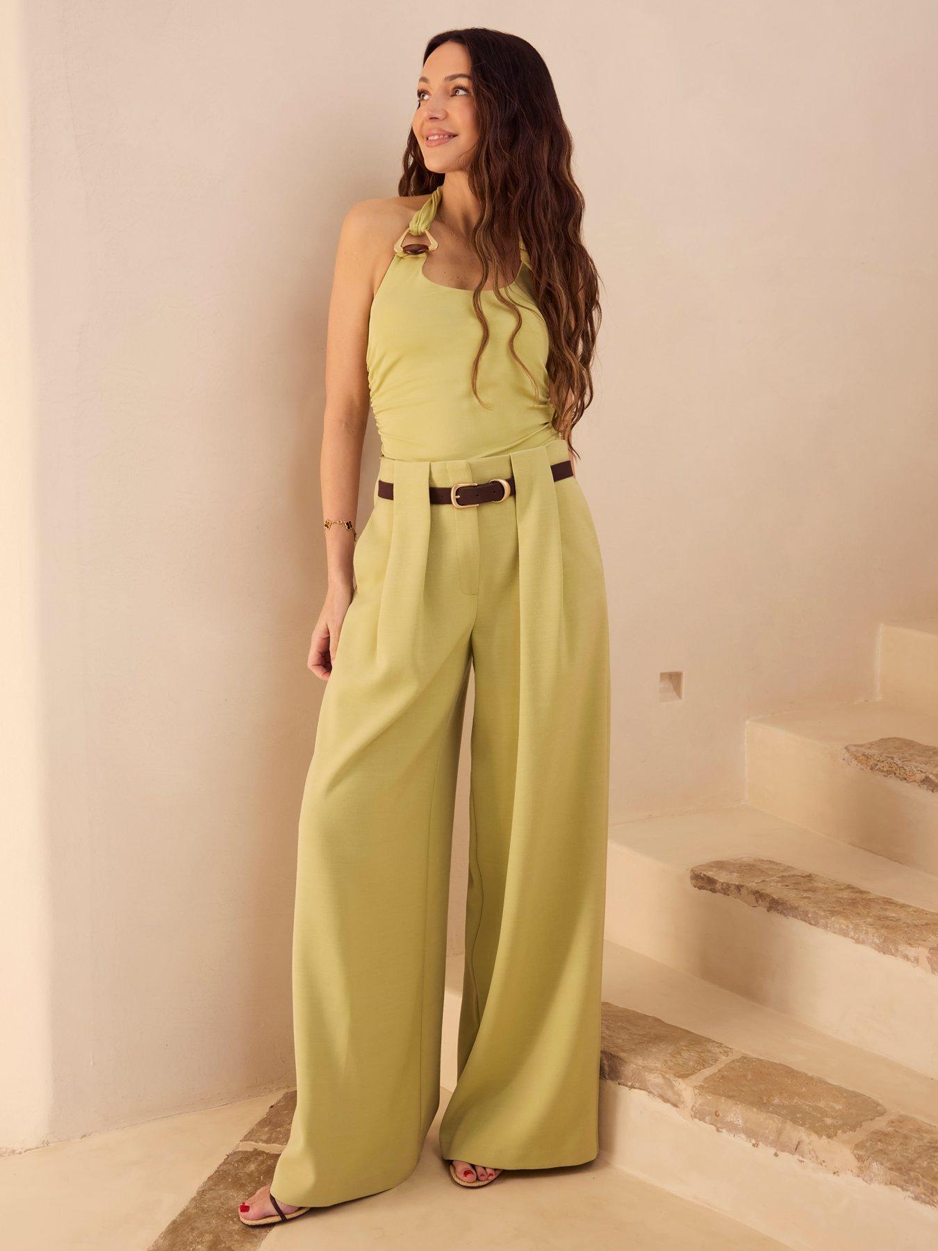 Michelle Keegan Belted Wide Leg Trouser - Light Khaki