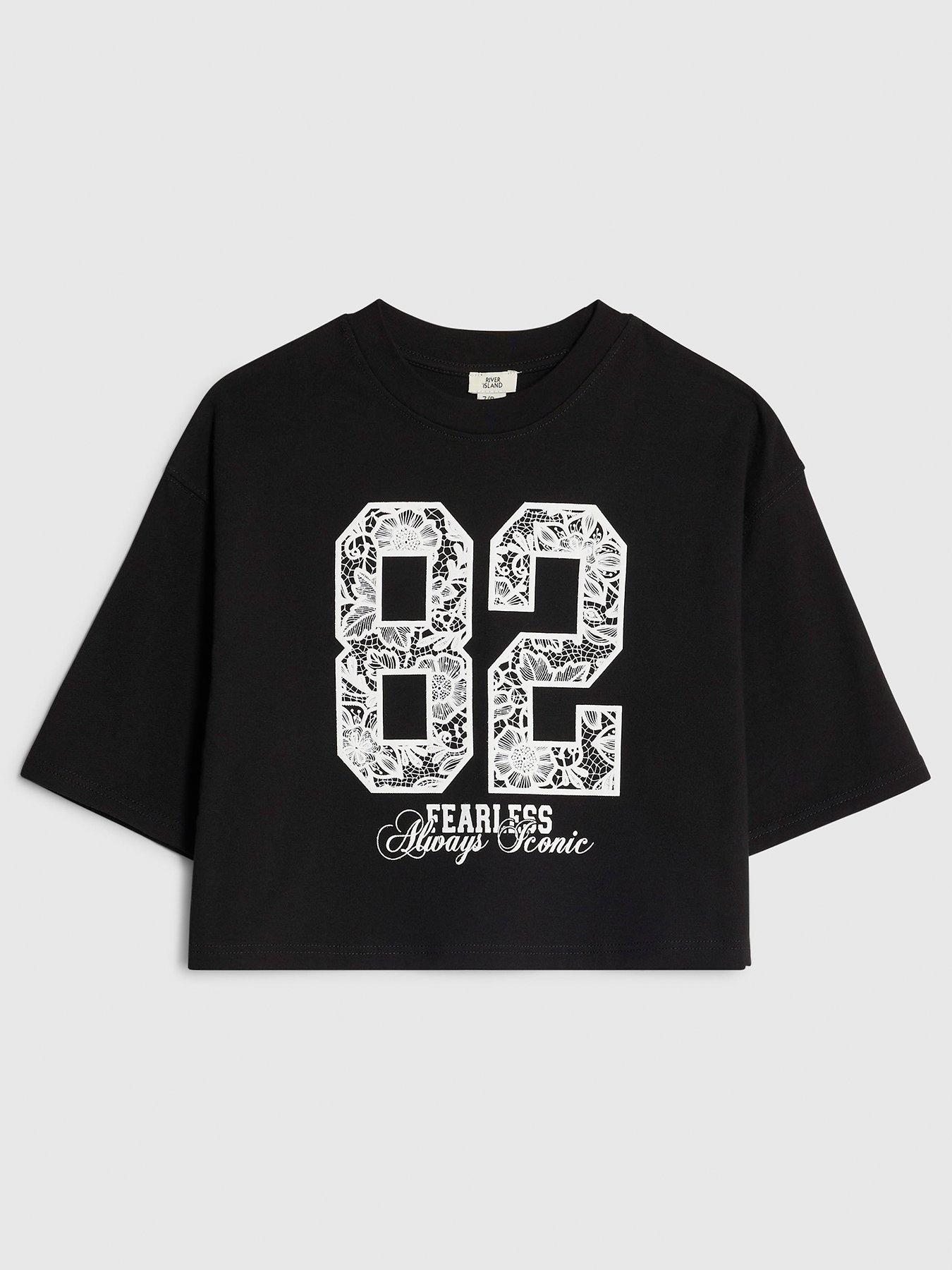 Image 1 of 4 of River Island Older Girls Fearless Lace Number Crop T-Shirt - Black